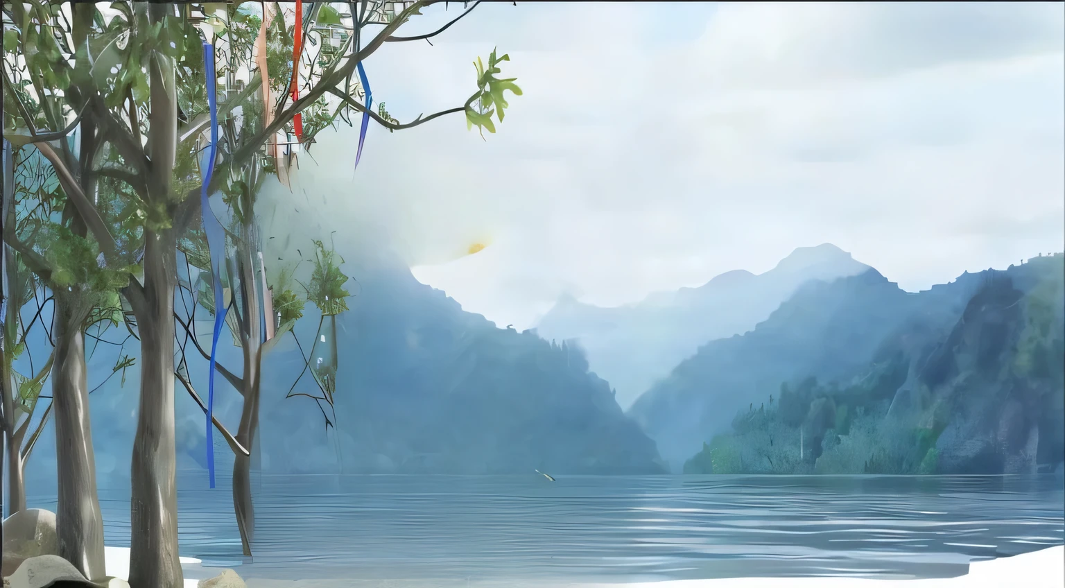 There is a painting of a lake with mountains in the background, beautiful lake background, lake background, Detailed lake in background, mystical lake view vista, Soaring above the forest lake, 令人驚嘆的natural background, 幻想matte绘画, lake foreground, lake in background, 柔焦matte, 精致的matte画, beautiful mountain background, matte, natural background