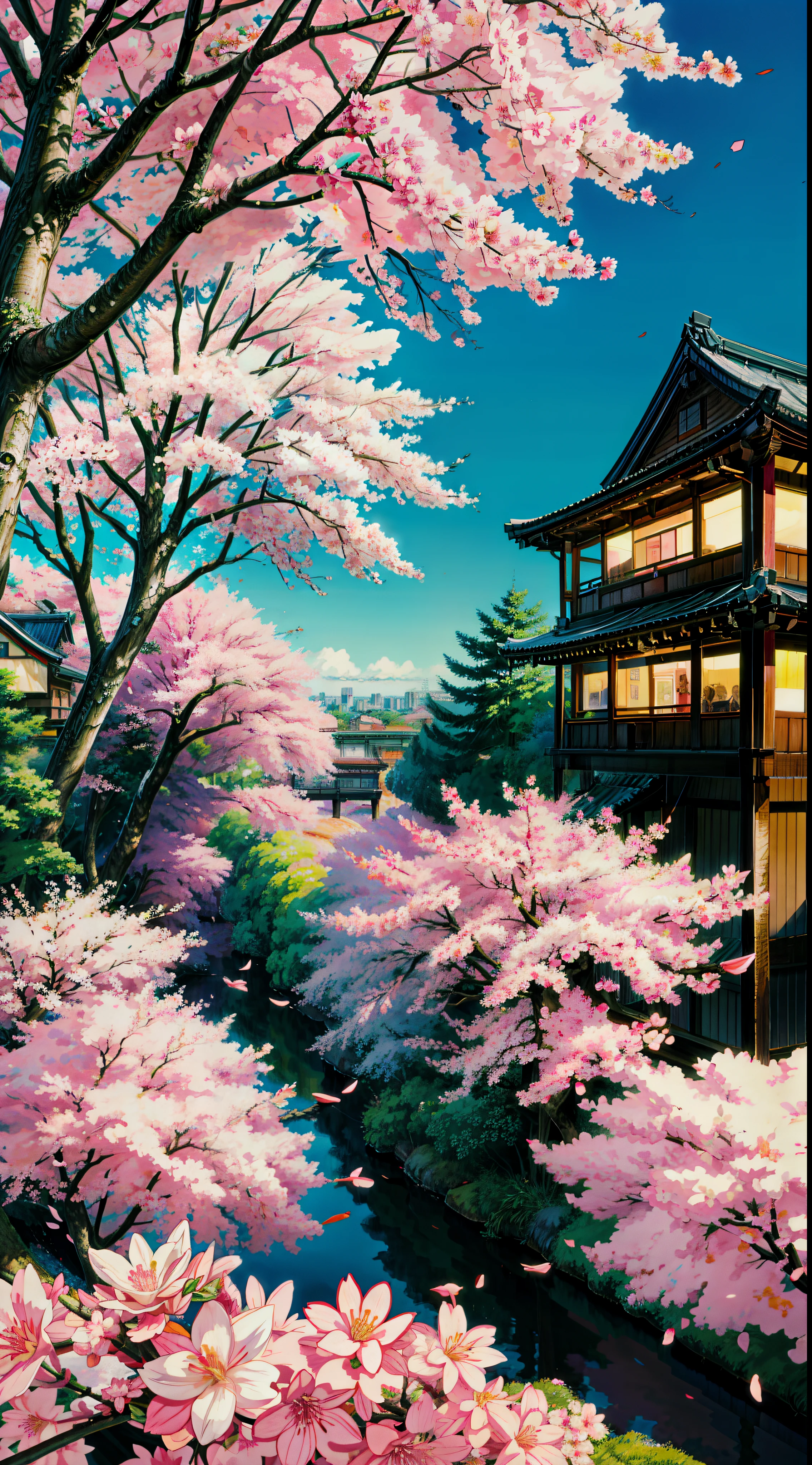 Painting of a tree with pink flowers in front of a building, sakura blooming on background, cherry blossom falling, sakura season, sakura tree in background, spring season city, japan at night, tokyo background, ( colorful ), by Sōami, by Torii Kiyomitsu, by Torii Kiyomoto, in tokyo at night, by Ike no Taiga, 4k hd,, beautiful art uhd 4 k, a beautiful artwork illustration, beautiful digital painting, highly detailed digital painting, beautiful digital artwork, detailed painting 4 k, very detailed digital painting, rich picturesque colors, gorgeous digital painting
