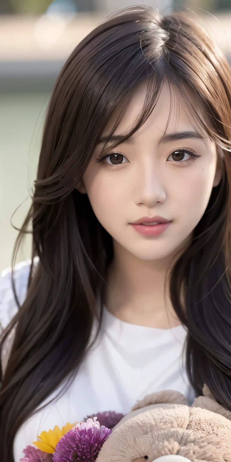 a girl walking on the river, mix 4, pillow, lips, Open_mouth, realistic, photograph_\(Moderate\), alone, Packed_animal, Packed_toy, teddy_bear, (masterpiece), (realism: 1.3), Super detailed, (high detail skin: 1.2), (highest quality: 1.0), (super resolution: 1.0), (Ulzzang-6500: 0.3), wavy detailed hair, long hair, sunlight, (beautiful detail makeup), (sexually aroused blush, heavy breathing: 1.0), Flower theme petals are scattered, (soft light flower: 0.5)