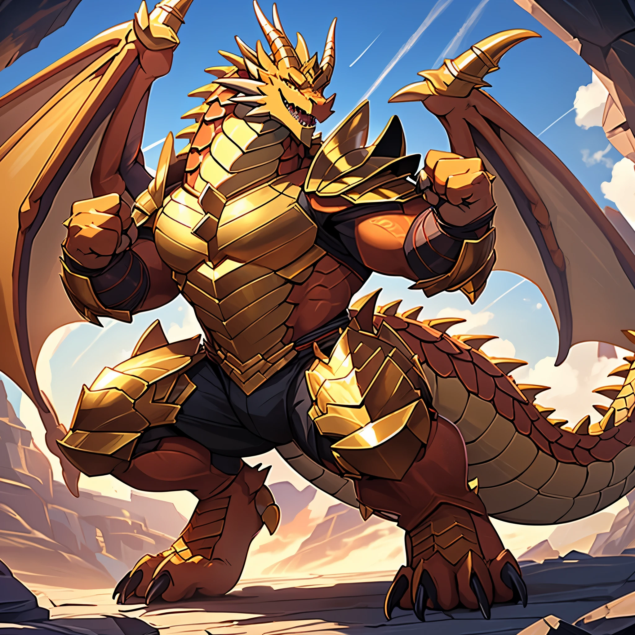 (The violent and powerful Golden Dragon King,Wearing modern golden battle armor:200),Strong build的龙形恶魔,(Broad dragon body,huge chest,majestic wingspan,Sharp and huge dragon claws,thick iron tail,Sharp dragon scales,The huge golden dragon king:2),Strong build,(golden scales,Mighty dragon-shaped demon:2),Dragon legs apart,Dragon wings unfold,The dragon's claws open,Excited toothy smile,huge mount,full body picture,Very detailed,4k HD