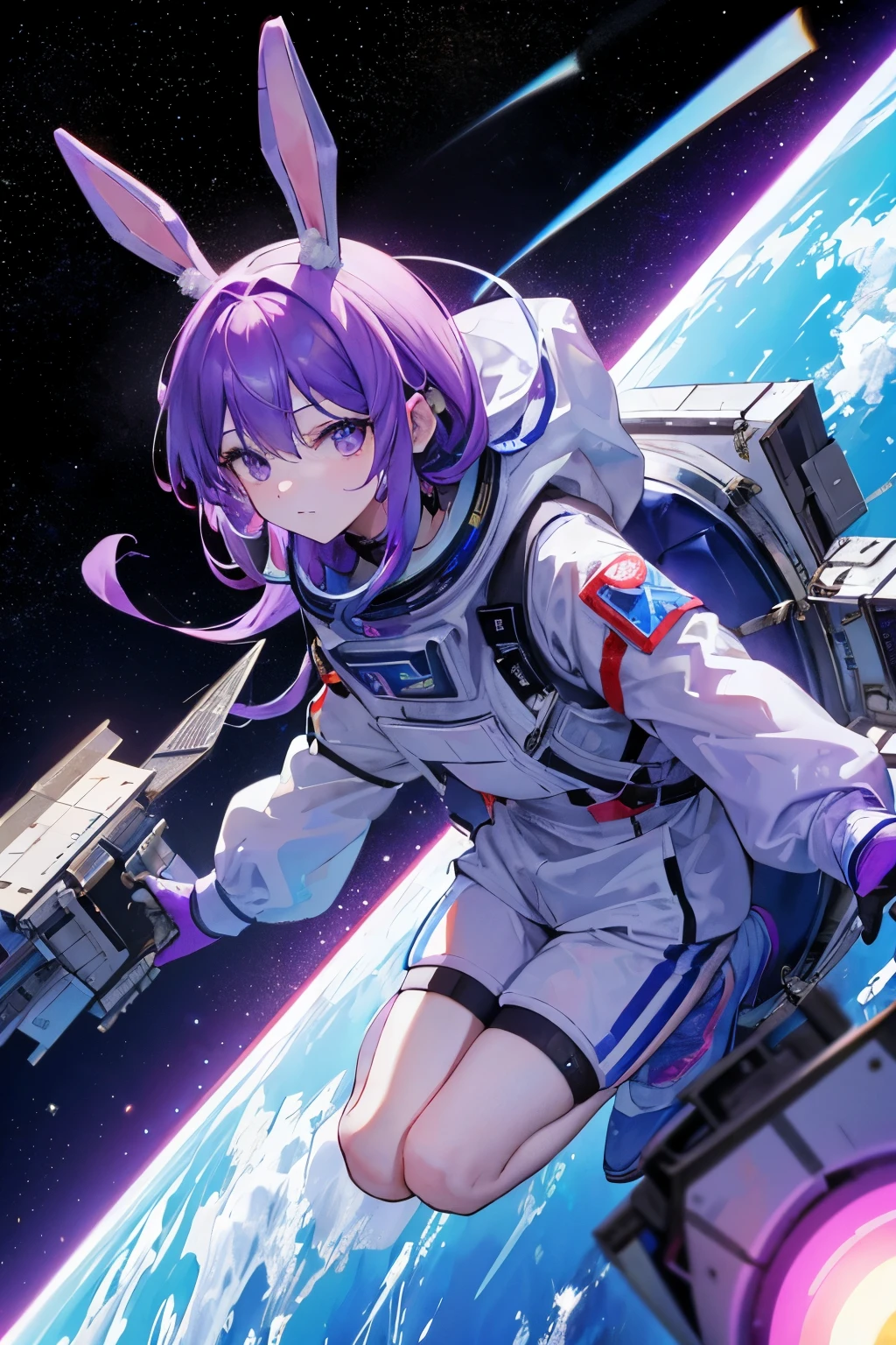 Background: Outside the International Space Station (ISS), with space and Earth as the backdrop
Main Character: A purple rabbit, wearing a spacesuit, engaging in a spacewalk
Action: The rabbit is freely floating in space, with parts of a spaceship or space station visible in the background
Color and Atmosphere: A vibrant and dreamy atmosphere with a contrast between the purple of the rabbit and the dark backdrop of space