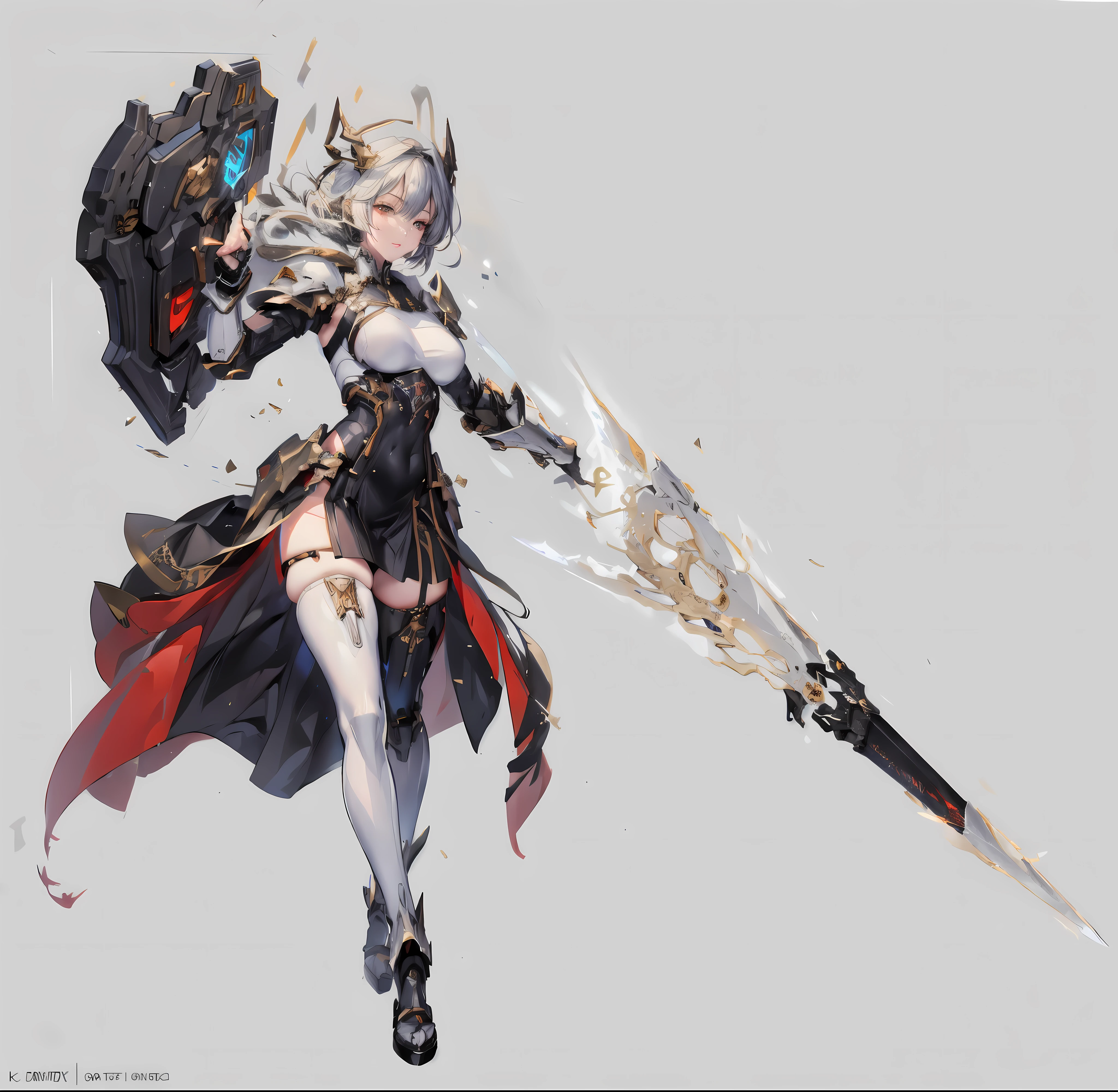 Anime character Keep sword and wearing skirt, Kushat Krenz criticizes women in art, guweiz on artstation pixiv, guweiz on pixiv artstation, Wopp and Krenz Kushat, Ayaka original god impact, Armor girl, Popular topics on artstation pixiv, Krenz Kushat and Lin Wenjun-Coco, 1 girl, alone, black hair, arms, short hair, High heel, sword, looking Back, whole body, yes, Keep, Keep arms, looking at the audience, from behind, hat, Keep sword, Mechanical arm, thong, yellow eyes, parted lips, underwear, underwear, permanent, dual wield, Mecha Maiden, mechanical wings, Back, breast, lips, white footwear, Bangs, long legs, Smile, white