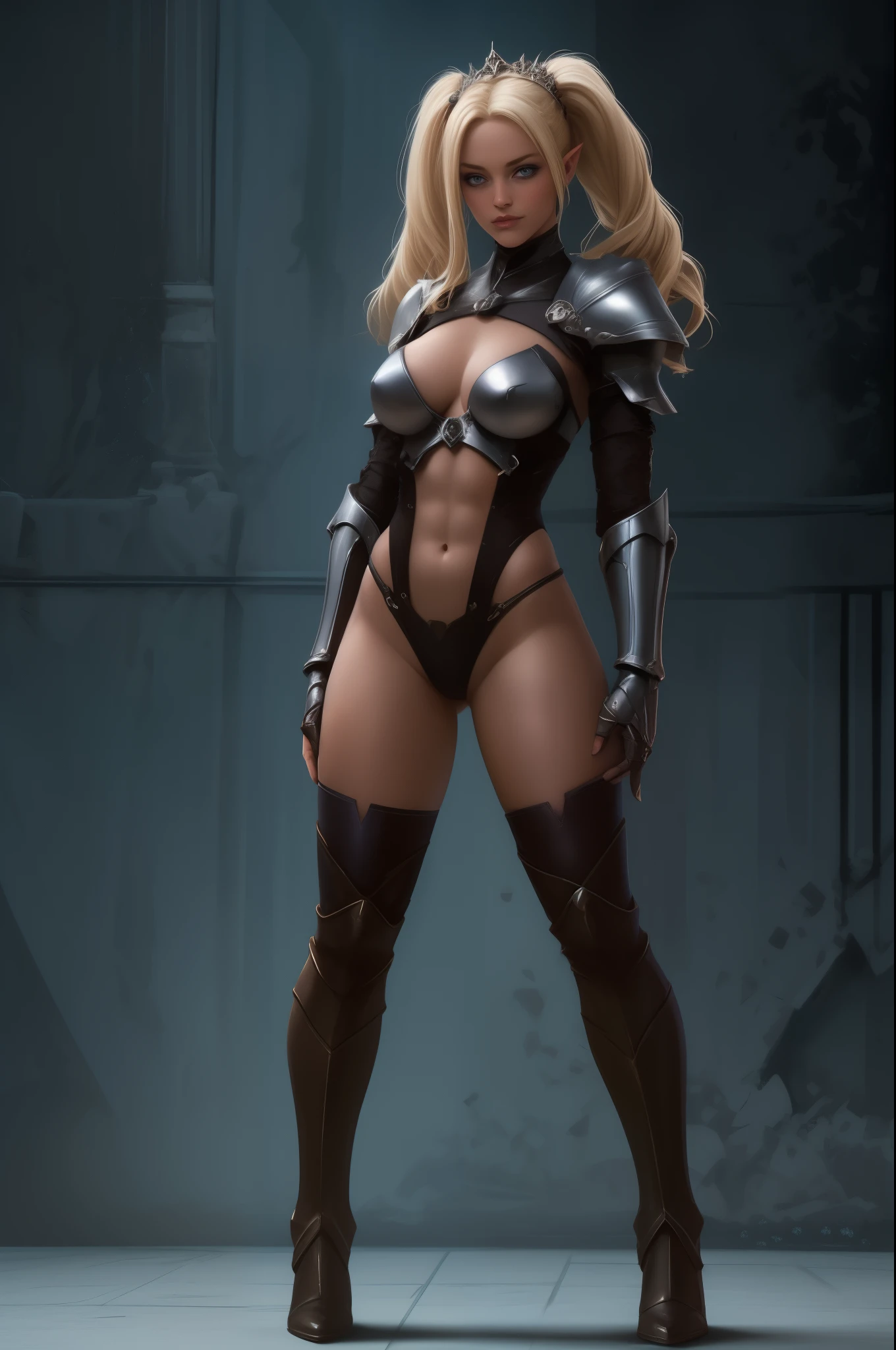 1girl, abs, armor, armored boots, bikini armor, blonde hair, blue eyes, blue skin, blush, boots, breasts, cleavage, colored skin, drill hair, fingerless gloves, full body, gloves, hand on hip, high heel boots, high heels, large breasts, long hair, looking at viewer, muscular, muscular female, navel, pauldrons, pointy ears, shoulder armor, smile, solo, standing, thick thighs, thighhighs, thighs, tiara, toned, twin drills, twintails