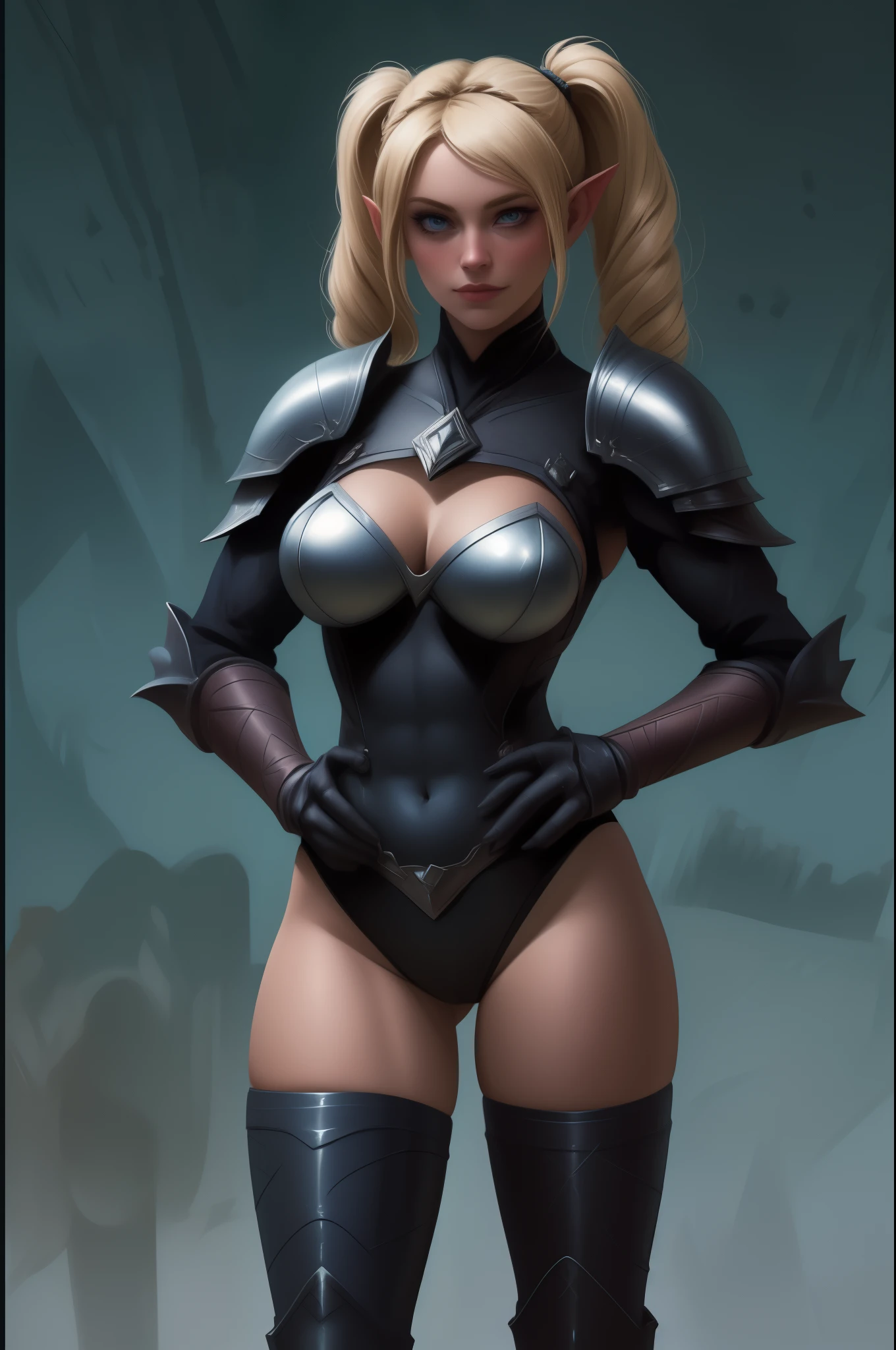 1girl, abs, armor, armored boots, bikini armor, blonde hair, blue eyes, blue skin, blush, boots, breasts, cleavage, colored skin, drill hair, fingerless gloves, full body, gloves, hand on hip, high heel boots, high heels, large breasts, long hair, looking at viewer, muscular, muscular female, navel, pauldrons, pointy ears, shoulder armor, smile, solo, standing, thick thighs, thighhighs, thighs, tiara, toned, twin drills, twintails