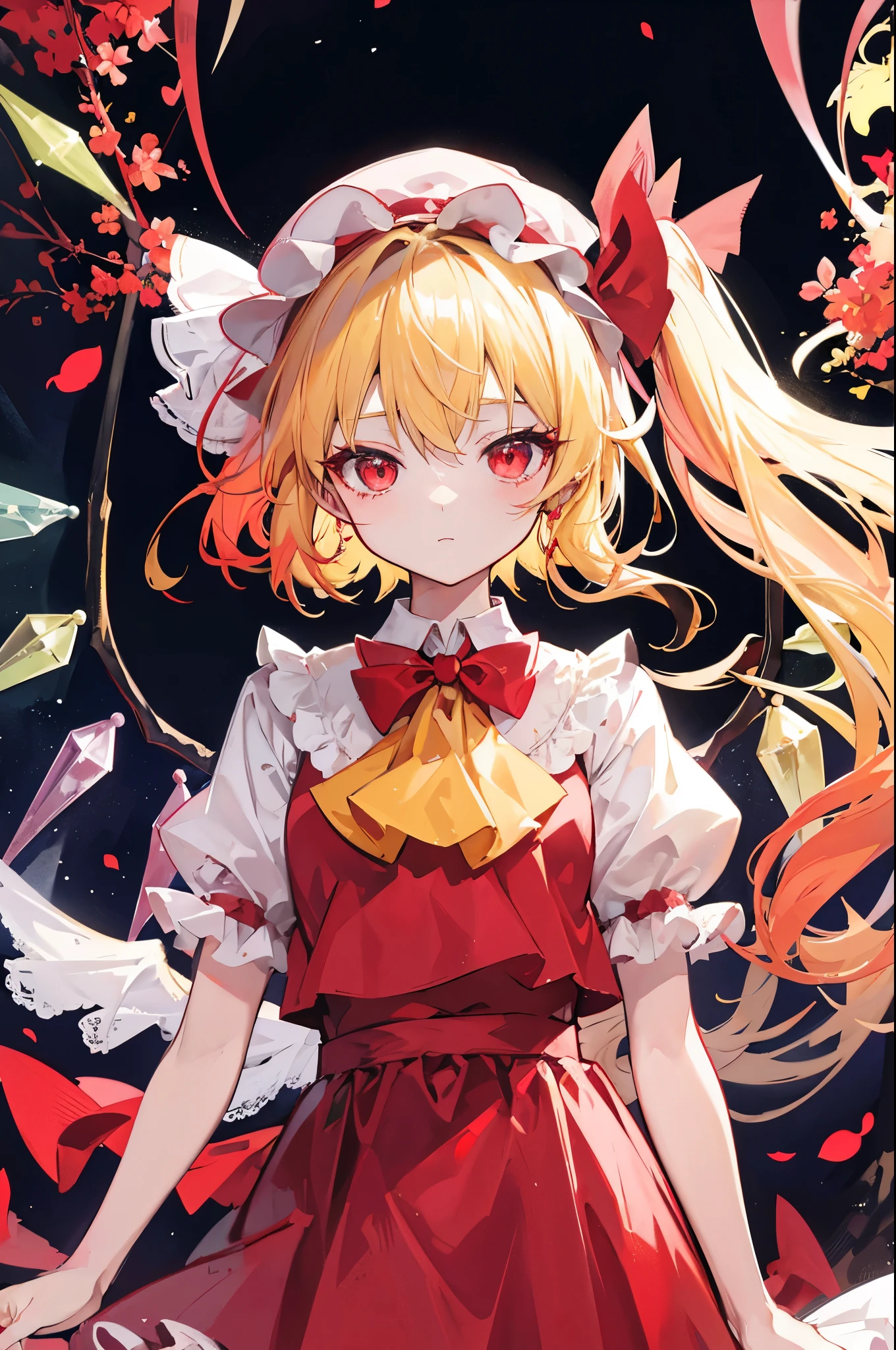 Flandre Scarlet,girl,blonde hair,mob cap,hair ribbon,bow tie,side ponytail,wing,short sleeve,vest,Ascot,cute、night、masterpiece、highest quality、best image quality,anime,Two dimensions