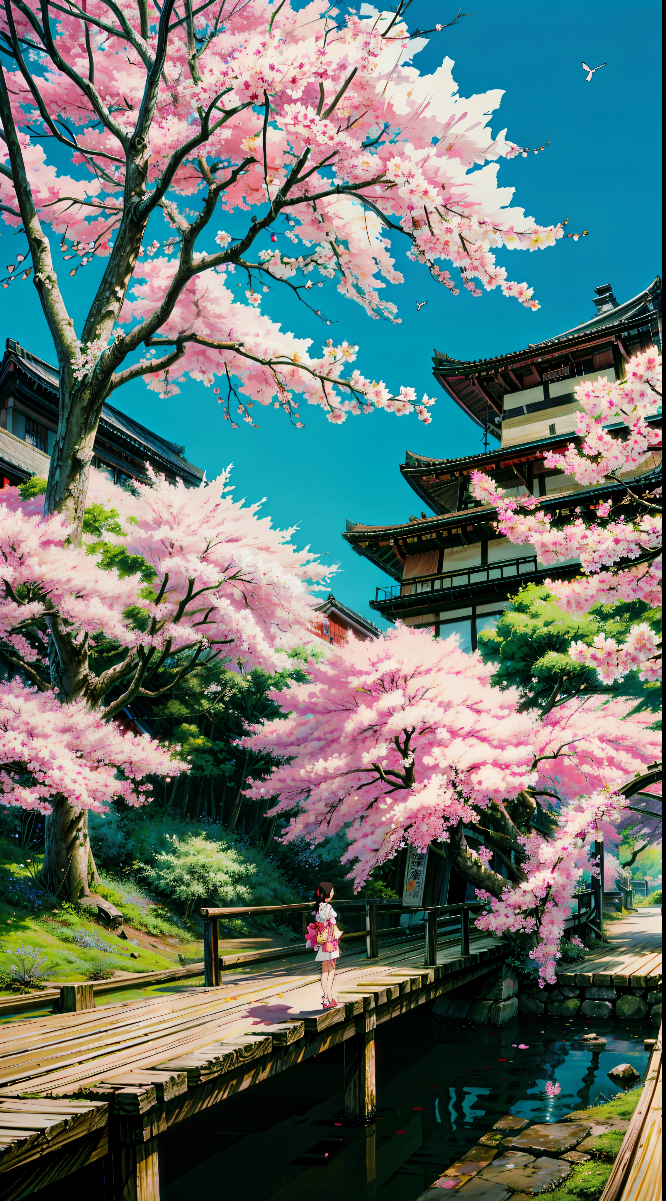 Painting of a tree with pink flowers in front of a building, sakura blooming on background, cherry blossom falling, sakura season, sakura tree in background, spring season city, japan at night, tokyo background, ( colorful ), by Sōami, by Torii Kiyomitsu, by Torii Kiyomoto, in tokyo at night, by Ike no Taiga, 4k hd,, beautiful art uhd 4 k, a beautiful artwork illustration, beautiful digital painting, highly detailed digital painting, beautiful digital artwork, detailed painting 4 k, very detailed digital painting, rich picturesque colors, gorgeous digital painting