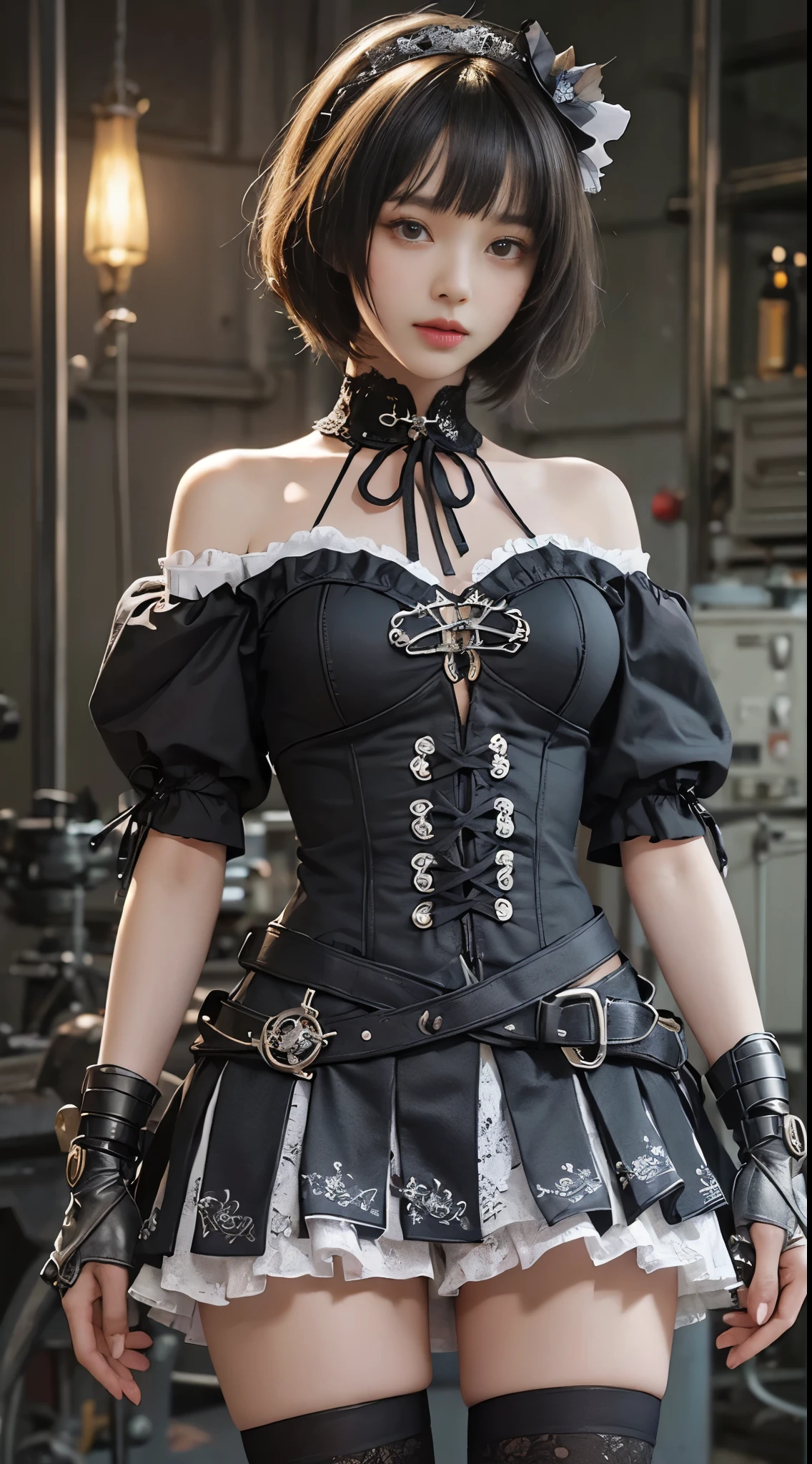 (((masterpiece, highest quality, Super detailed))), 1 female, (((very thin body))) , (((length, thin legs))), (((black short bob, thick fluffy bangs ))), (((highly detailed face))), No cosmetics, small and thin nose, thin mouth with small lips, (((Very sharp focused eyes))), Precise pale gray eyes with large slits, shine like a jewel, length eyelashes, ((Highly decorative intricate mechanical steampunk fashion, Lace Flare Mini Skirt, above the knee lace stockings, Lace Off Shoulder ta Fashion, Overly decorative fashion)), Abandoned Night, Complex mechanized steampunk factory catches fire and explodes, (((Overall accuracy has been dramatically improved, creating a Super detailed and realistic image))),  super realistic photos.