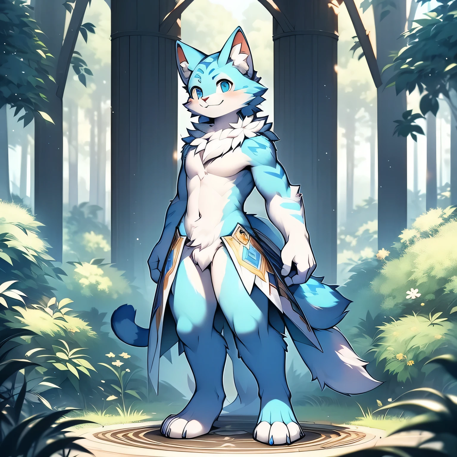 anthropomorphic cat,fluffy fur,Yellow and white patterned fur accented with blue patterned fur,Handsome,male,alone,masterpiece,super high quality,in the woods,Show teeth when smiling,Full of energy,Rich in details,permanent,perfect,naked