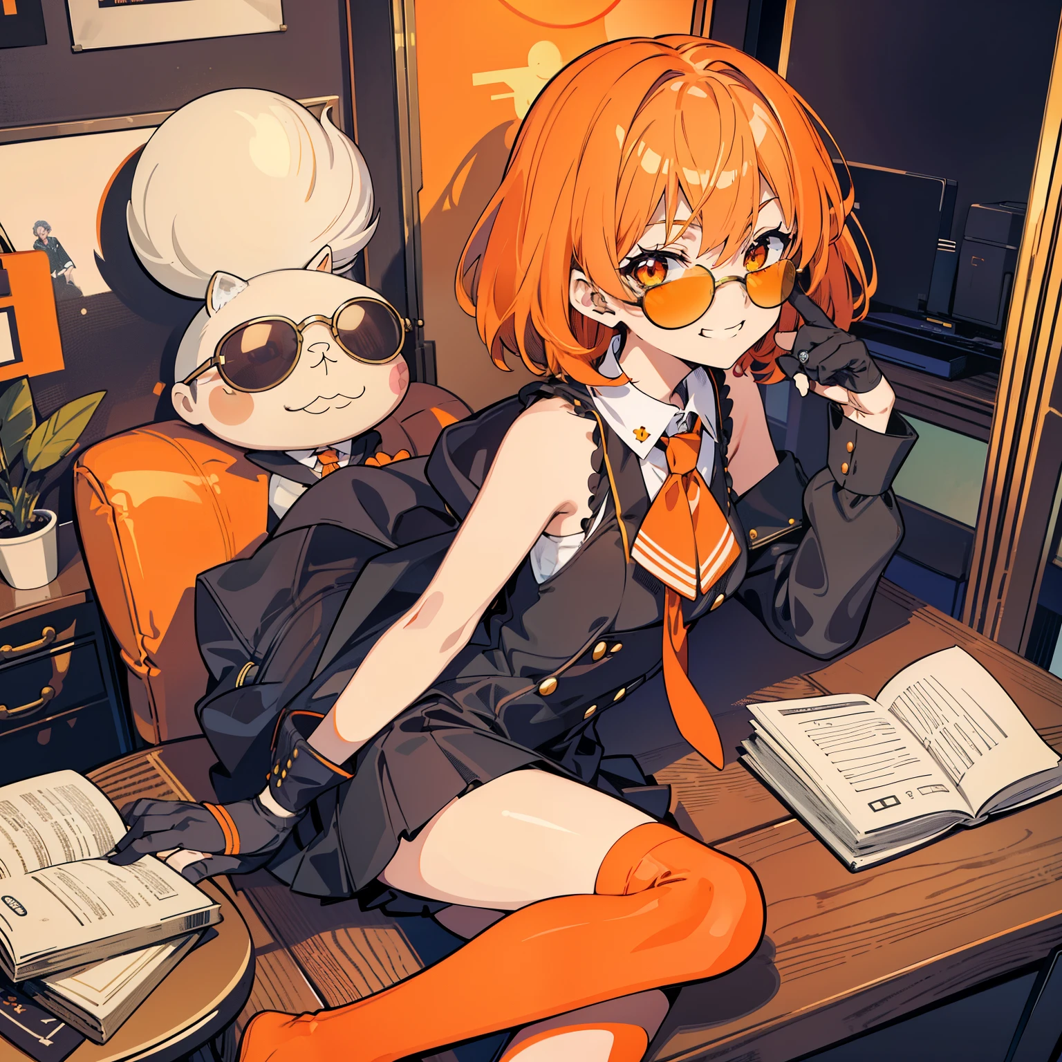 table top,very detailed,1 girl,alone,wavy hair、short hair,orange eyes,,sunglasses,black socks,オレンジ色のsunglasses、sit at the desk、defiantly、orange motif、Saucy、smug face、grin、Looking from above、gray hair、lively girl、President's desk and sofa、cool composition、retro chick