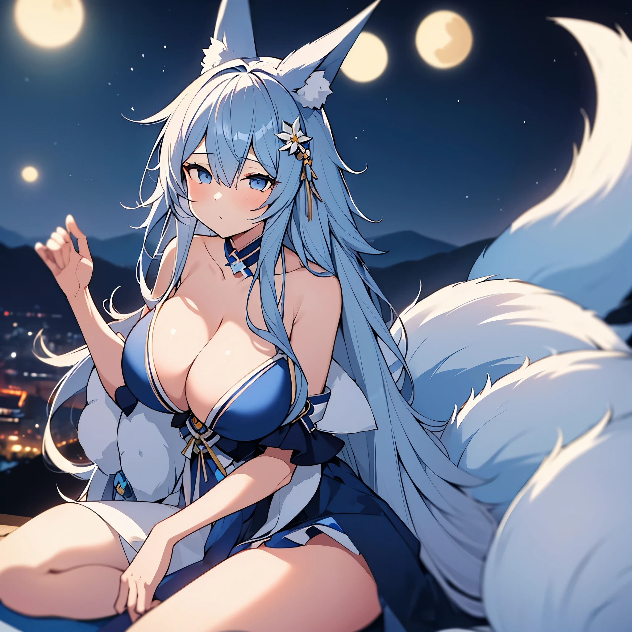A woman wearing a blue dress, long pastel blue hair, kitsune ears, kitsune tail, multi tail, sleepy face, blue eyes, on a mountain at night with a half moon, ultra quality, high resolution, masterpiece, very detailed, 4k hd.