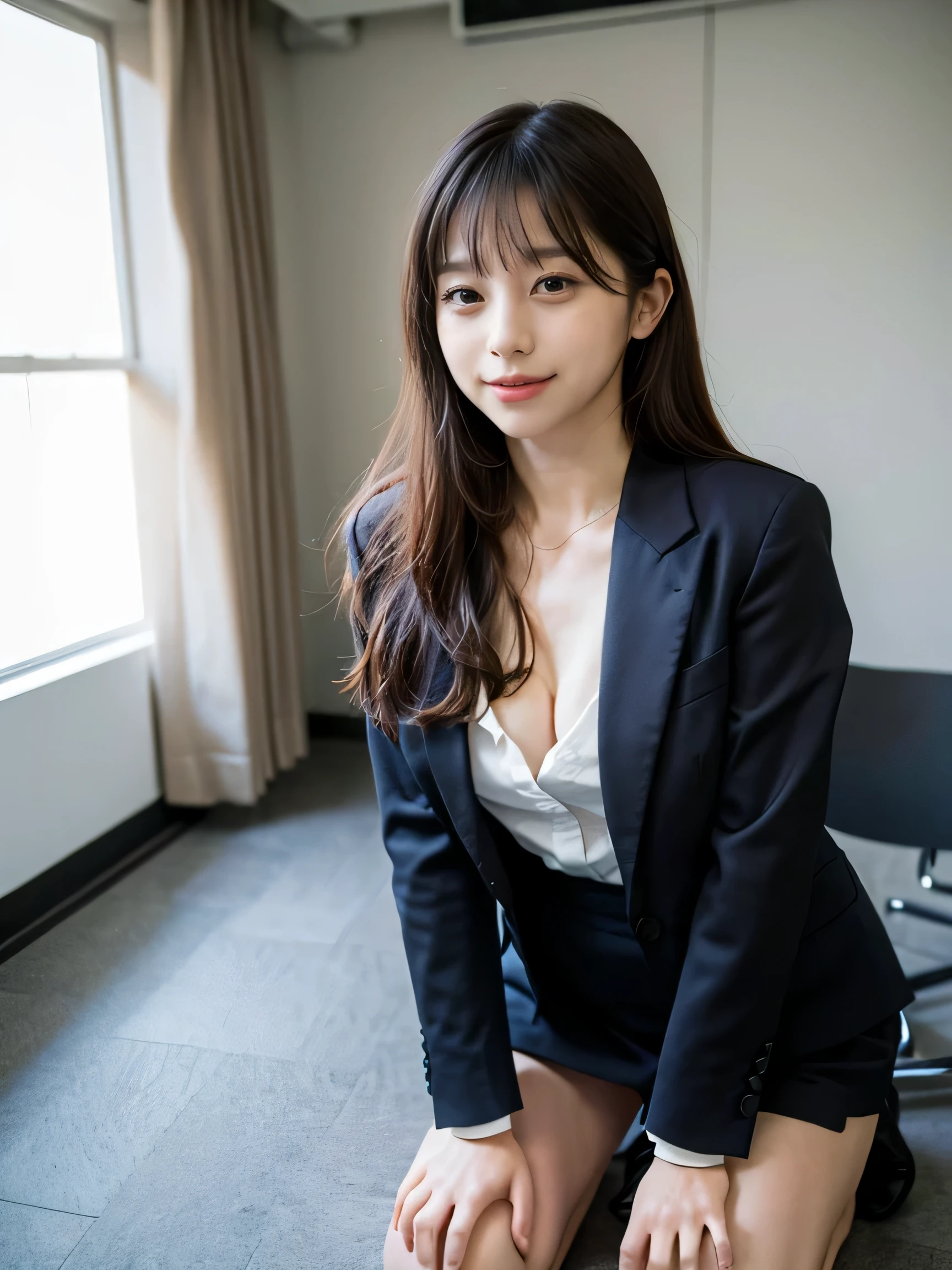 (Masseter muscle part，In 8K，highest quality，masterpiece)，(Photoreal，Raw photo，super fine clear)，realistic light，　fine skin，beautiful japanese woman，1 female，business scene，business woman&#39;clothes，(Dark blue business suit)，office fashion，panty shot，White sexy panties look a little，Mansuji、Raise your knees and open your legs，detailed eye，finger details，camel toe，thin、sexual，happy look，smile，in the conference room，In a place without people、((kneel down:1.4))、cleavage:1.4, ((Medium chest:1.4))、look at the camera、smile:1.3