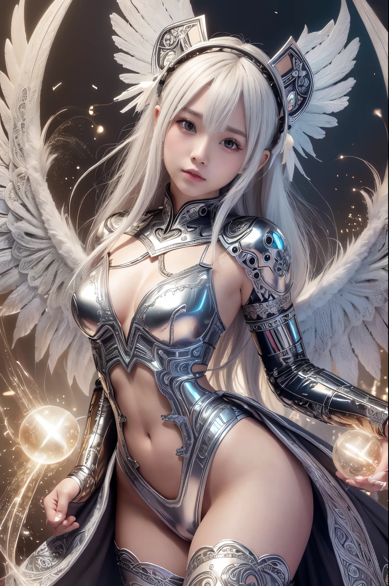 cyborg, girl, beautiful girl, cute, sexy, strong, thin, delicate, smile, (ta costume), High leg, metallic, ultra color, paisley pattern, headgear, mandala, Near future, heaven, Angel, feather, wing, Helix lamp
