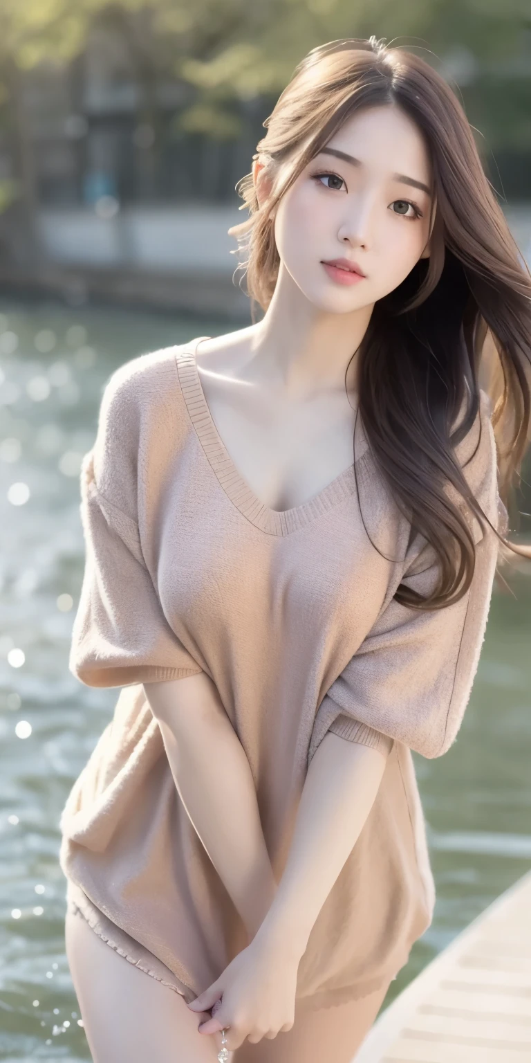 a girl walking on the river, mix 4, pillow, lips, Open_mouth, realistic, photograph_\(Moderate\), alone, Packed_animal, Packed_toy, teddy_bear, (masterpiece), (realism: 1.3), Super detailed, (high detail skin: 1.2), (highest quality: 1.0), (super resolution: 1.0), (Ulzzang-6500: 0.3), wavy detailed hair, long hair, sunlight, (beautiful detail makeup), (sexually aroused blush, heavy breathing: 1.0), Flower theme petals are scattered, (soft light flower: 0.5)