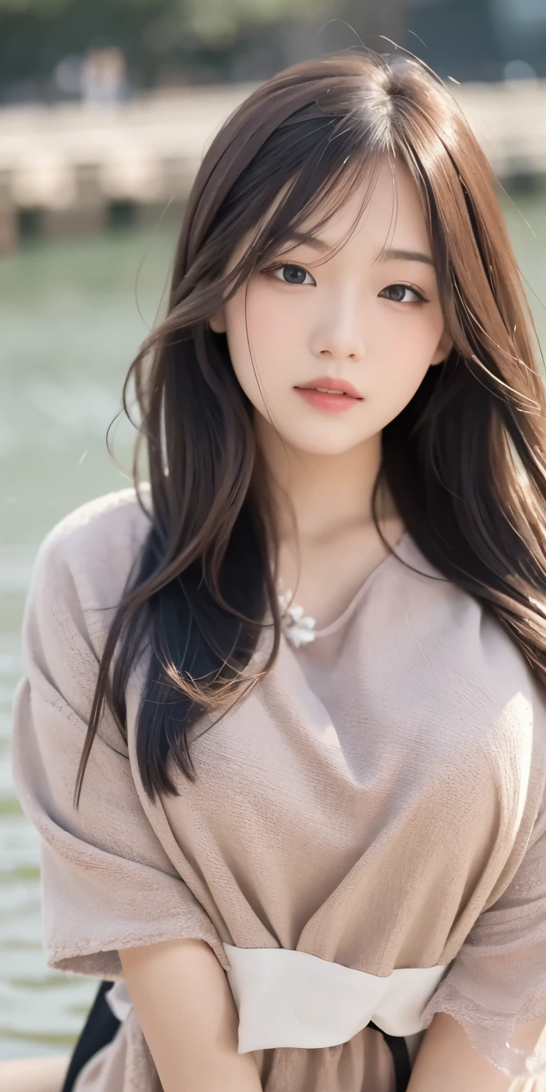 a girl walking on the river, mix 4, pillow, lips, Open_mouth, realistic, photograph_\(Moderate\), alone, Packed_animal, Packed_toy, teddy_bear, (masterpiece), (realism: 1.3), Super detailed, (high detail skin: 1.2), (highest quality: 1.0), (super resolution: 1.0), (Ulzzang-6500: 0.3), wavy detailed hair, long hair, sunlight, (beautiful detail makeup), (sexually aroused blush, heavy breathing: 1.0), Flower theme petals are scattered, (soft light flower: 0.5)