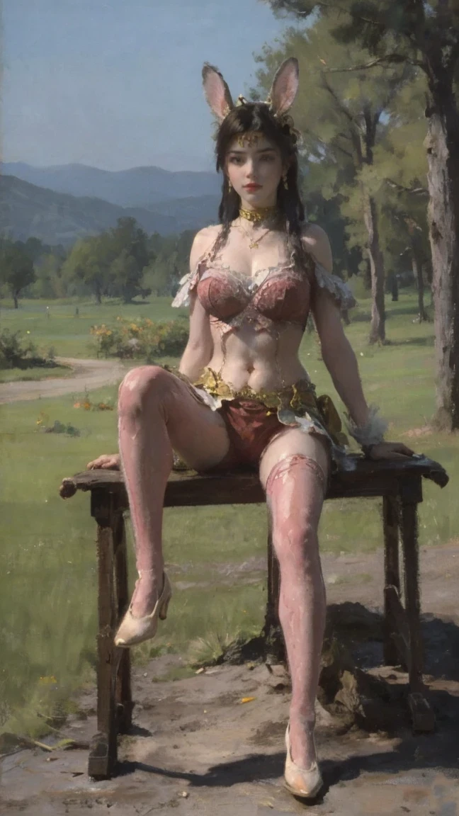 best quality, High resolution, Unique image, 1 girl, Animal ears, armpit, Put your arms behind your head, Bangs, bare shoulders, blue footwear, blue hair, blue tights, braid, Chest, brown raise your legs, shut your mouth, bench, Cover belly button, curtain, Split collar, earrings, Eyebrows visible through hair, fake Animal ears, fake Tail, garters, gradient hair, green eyes, High heel, high legs, high legs tights, huge Chest, jewelry, large Chest, tights, light blush, looking at the audience, messy hair, colorful hair, on bench, Pillow, a playboy bunny, Rabbit ears, rabbit Tail, short hair, side lock, sitting, alone, swept Bangs, Tail, raise your legs, changes through
