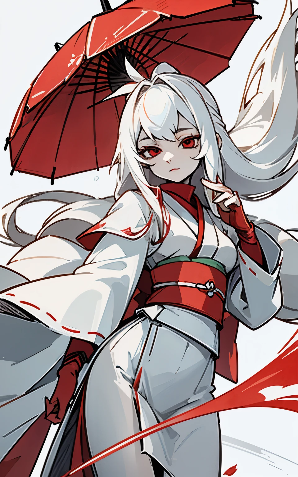 She is a Japanese lady with a pale complexion, white hair and intense red eyes that highlight her elegance. Her clothing combines white and red colors, with a white silk kimono adorned with red details, which reflect her refined taste for traditional Japanese fashion. Her bearing is graceful and her presence radiates serenity and sophistication.