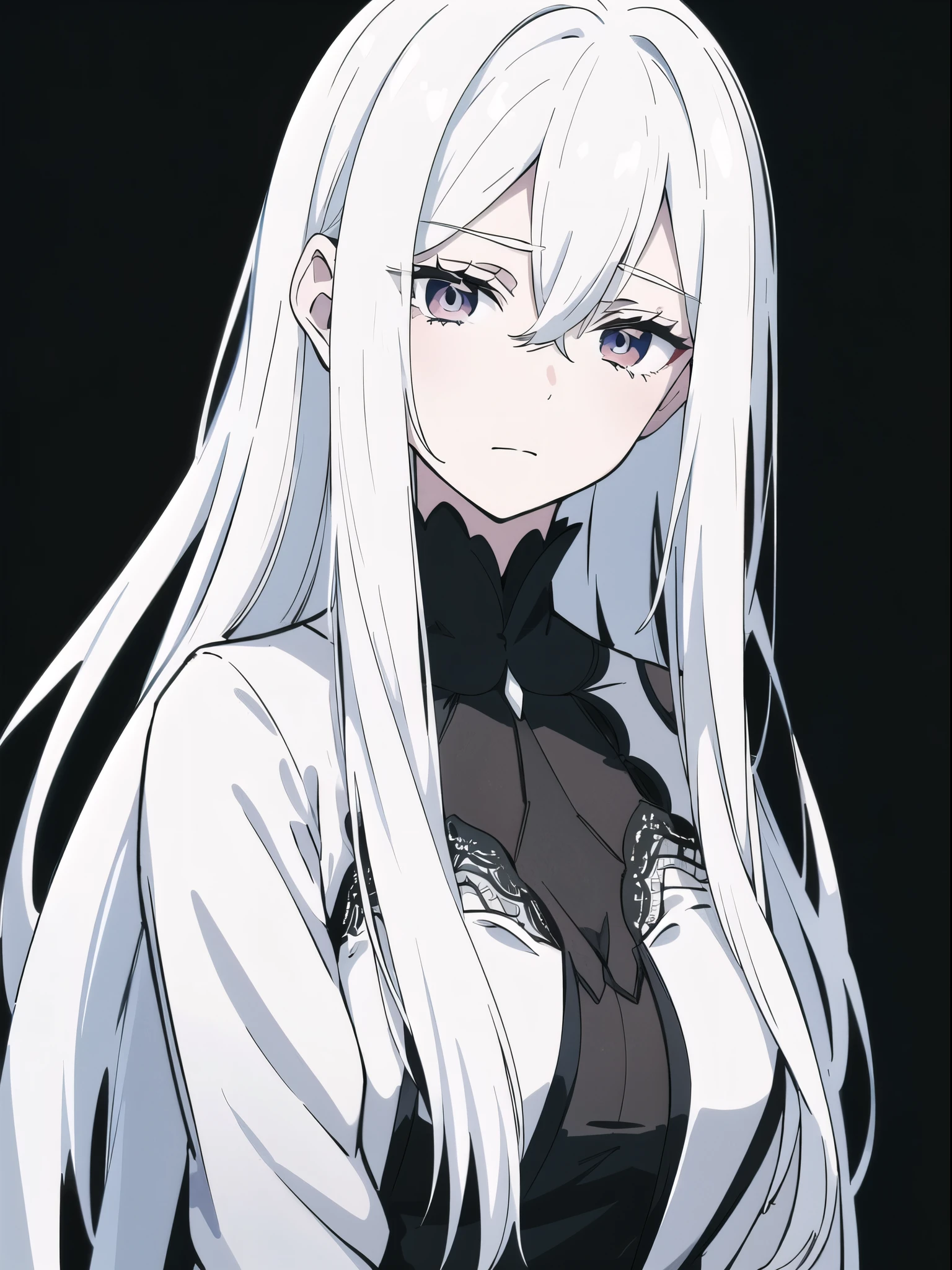 ((White hair)),((Head and Shoulders Image)),Sexy,A person,Alone,Simple style,pancake ,Simple details,Black background,Empty background,Black background wall,(20 year old woman),(Droopy hair),(White Gloves),(Evening Gown),(Lace Shirt),Lace,(confidence),(Tranquility)