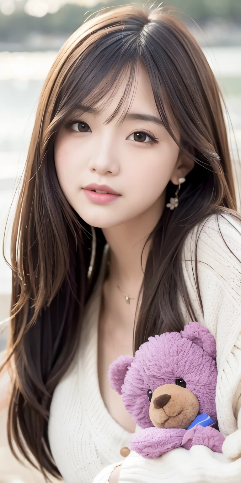 a girl walking on the river, mix 4, pillow, lips, Open_mouth, realistic, photograph_\(Moderate\), alone, Packed_animal, Packed_toy, teddy_bear, (masterpiece), (realism: 1.3), Super detailed, (high detail skin: 1.2), (highest quality: 1.0), (super resolution: 1.0), (Ulzzang-6500: 0.3), wavy detailed hair, long hair, sunlight, (beautiful detail makeup), (sexually aroused blush, heavy breathing: 1.0), Flower theme petals are scattered, (soft light flower: 0.5)