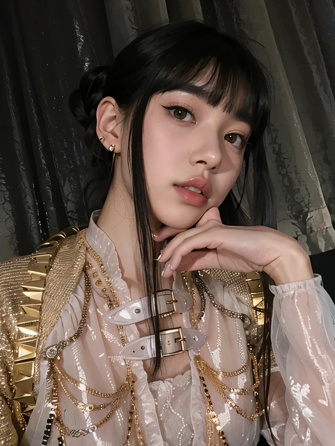 Un primer plano de una mujer con una mano en la barbilla, bella delfina, retrato de jossi de blackpink, ella tiene el pelo negro con flequillo, Lalisa Manobal, con flequillo completo, Lalisa Manoban de Blackpink, sui ishida con cabello negro, Yoshitomo Nara, shikami