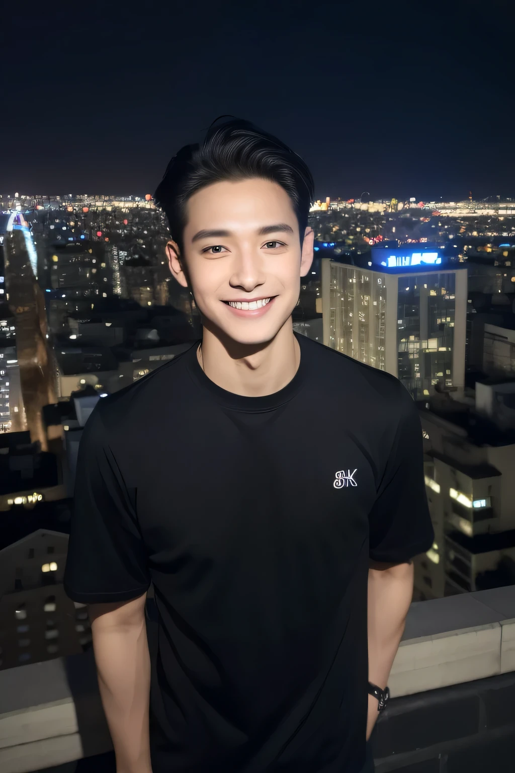 ((midnight、top quality、8K、​Masterpiece:1.3)), Whole BodyEsbian, long legs, sharp focus:1.2, Beautiful men have perfect bodies:1.4, The slender one, (black hair), (standing in black shirt:1.2), ((city night view、on the roof:1.3)), Highly detailed facial and skin textures, exquisite eyes, double eyelids、street frontage、a young gay man、a smile、There is only one person in the squadron