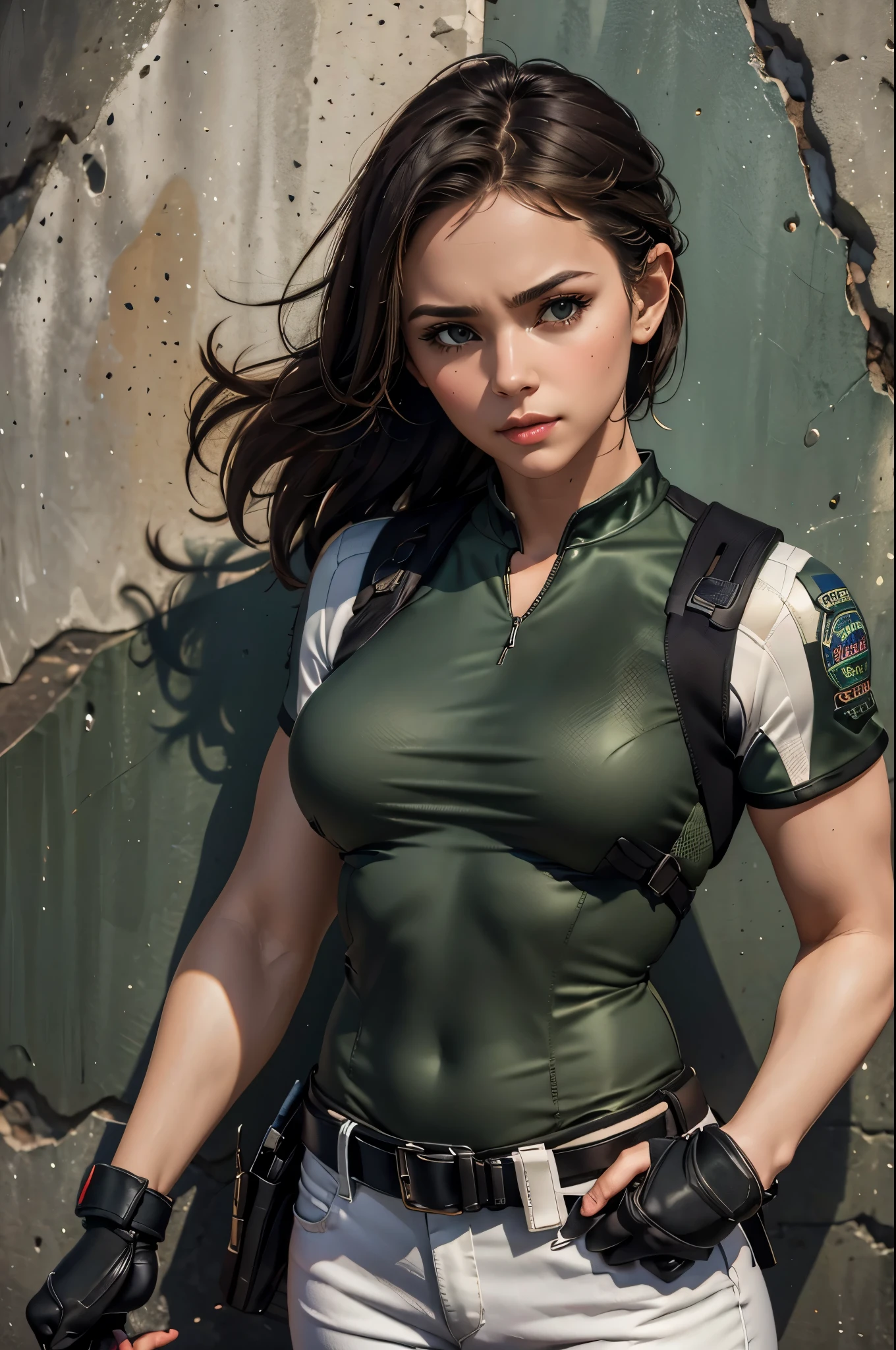 masterpiece, best quality:1.2), expressive eyes, perfect face, highres, 1 girl, solo, (female:1.5), chris redfield, green taut shirt, white pants, fingerless gloves, belt, hand to hip, standing, portrait, looking at the viewer,