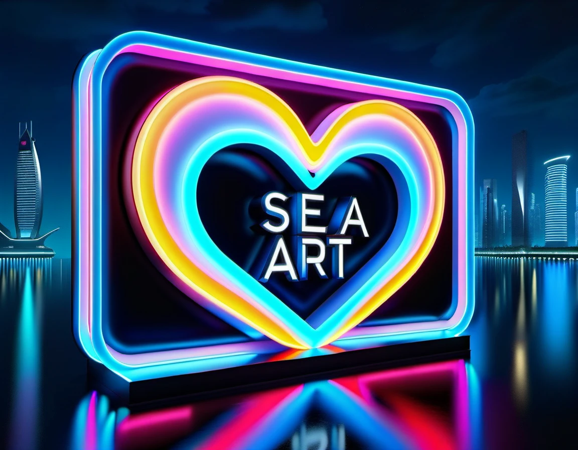 Neon sign "Sea ART", (text "Sea ART"), logo "Sea ART"  on a huge neon scoreboard in the shape of a heart, hyper detailed, Night city , sharp focus, studio photo, intricate details, highly detailed, close-up, neon ambiance, abstract black oil, gear mecha, detailed acrylic, grunge, intricate complexity, rendered in unreal engine, photorealistic, with the caliber of 8k artistic photography. High Resolution, High Quality, Masterpiece. 