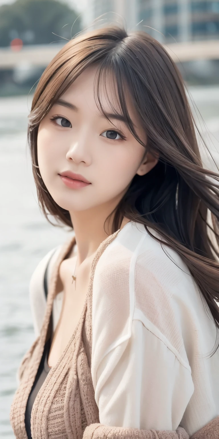a girl walking on the river, mix 4, pillow, lips, Open_mouth, realistic, photograph_\(Moderate\), alone, Packed_animal, Packed_toy, teddy_bear, (masterpiece), (realism: 1.3), Super detailed, (high detail skin: 1.2), (highest quality: 1.0), (super resolution: 1.0), (Ulzzang-6500: 0.3), wavy detailed hair, long hair, sunlight, (beautiful detail makeup), (sexually aroused blush, heavy breathing: 1.0), Flower theme petals are scattered, (soft light flower: 0.5)