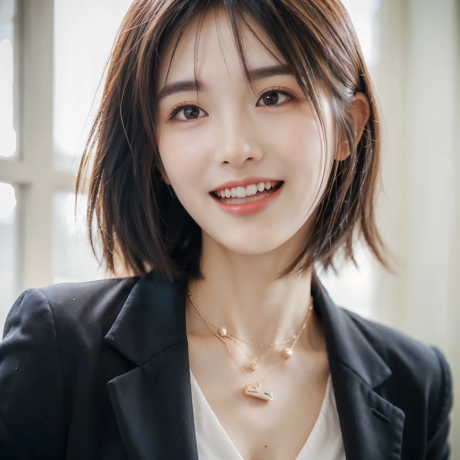 Dressed, (photographrealistic:1.4), (Hyper realistic:1.4), (Realistic:1.3), (Smoother lighting:1.05), (increase cinematic lighting quality:0.9), 32K, 1girl in,25-years old, Realistic lighting, Backlighting, Light on Face, raytrace, (Brightening light:1.2), (Increase quality:1.4), (Top quality real texture skins:1.4), finely detailed eyes, finerly detailed face, (tired and sleepy and joy:0), (Laugh:1.4), Black Suit,a necklace, (Increase body line mood:1.1), (Increase the beauty of skin texture:1.1)