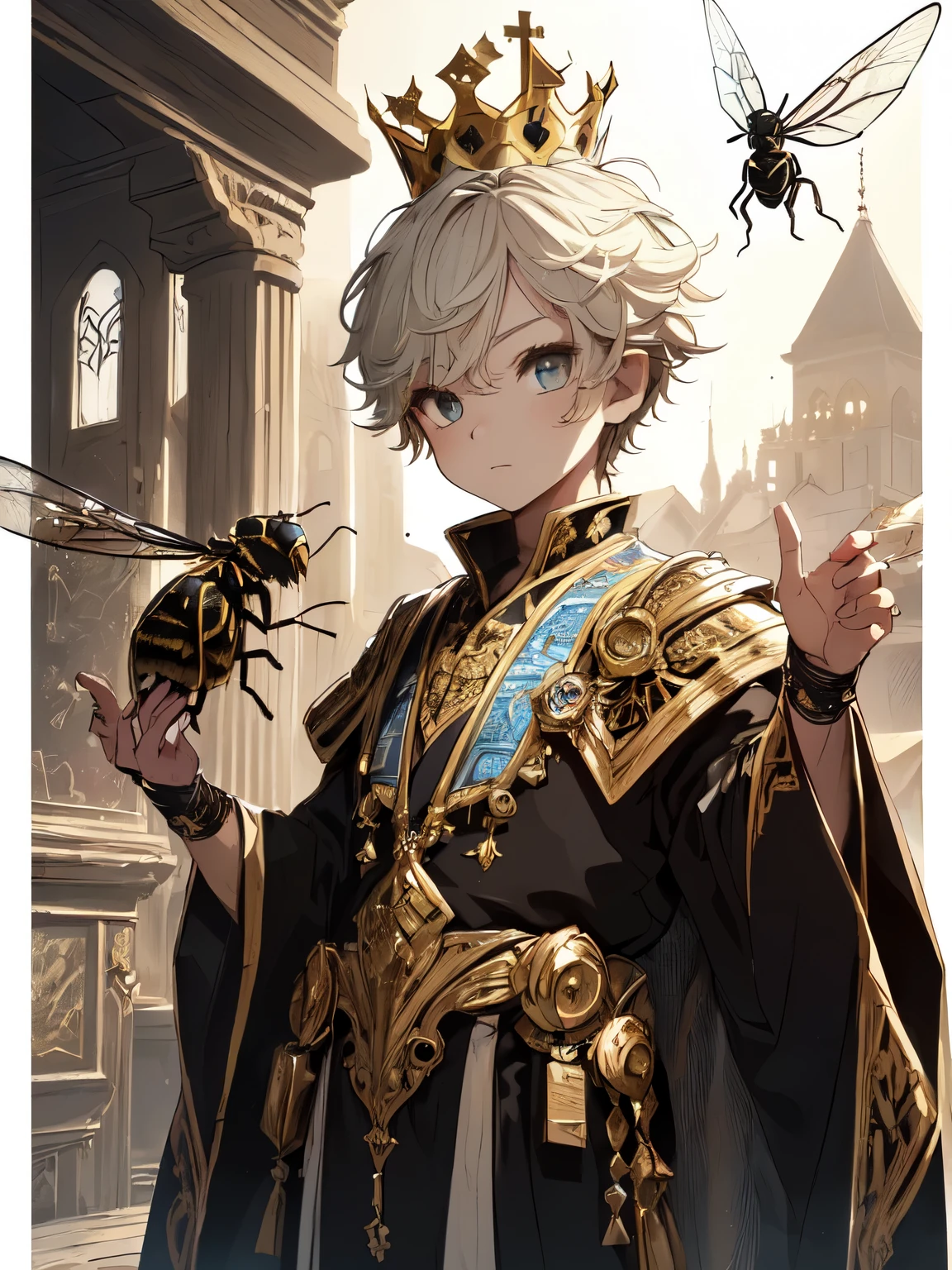 (absurdres, highres, ultra detailed, (1boy:1.3), anime boy, detailed clothes, part wasp, white, gold, black robe, yellow, angular, religious clothing, wasp crown, royal clothing, regal clothing, detailed vest underneath robe, wasp clothing elements, naive art, childlike style, playful imagery, simple forms, vibrant colors, emotive expression, untrained aesthetic, light armor, music box art, intricate clothing, melodic creations, nostalgic charm, delicate clothing, artistic engineering:1.2)