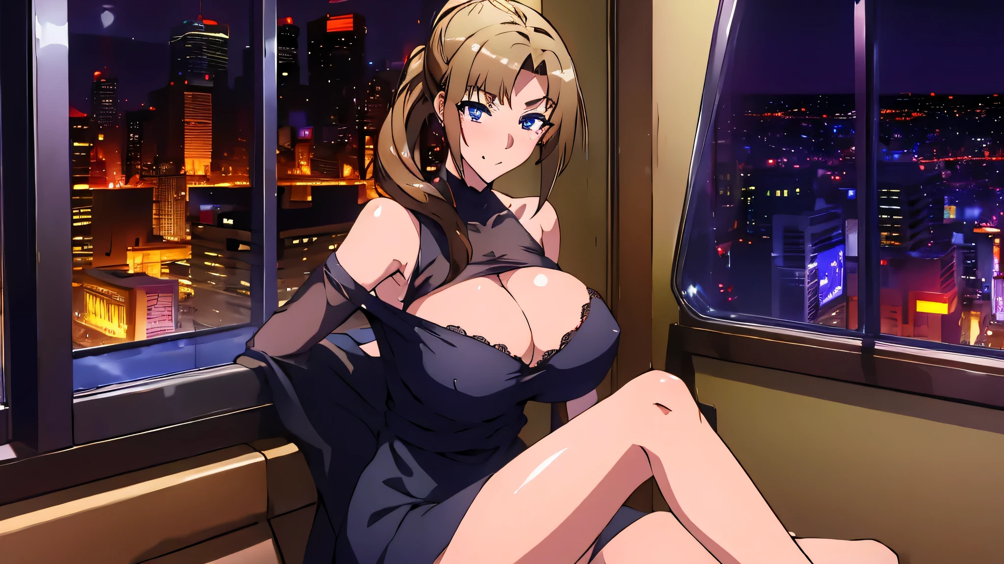 masterpiece、highest quality、1 girl , alone , huge breasts、deep cleavage、ponytail、Brightly colored eyes、I can see your shoulders、sex、sexy、charm、Wet、face turns red , sitting、Night city seen from the window