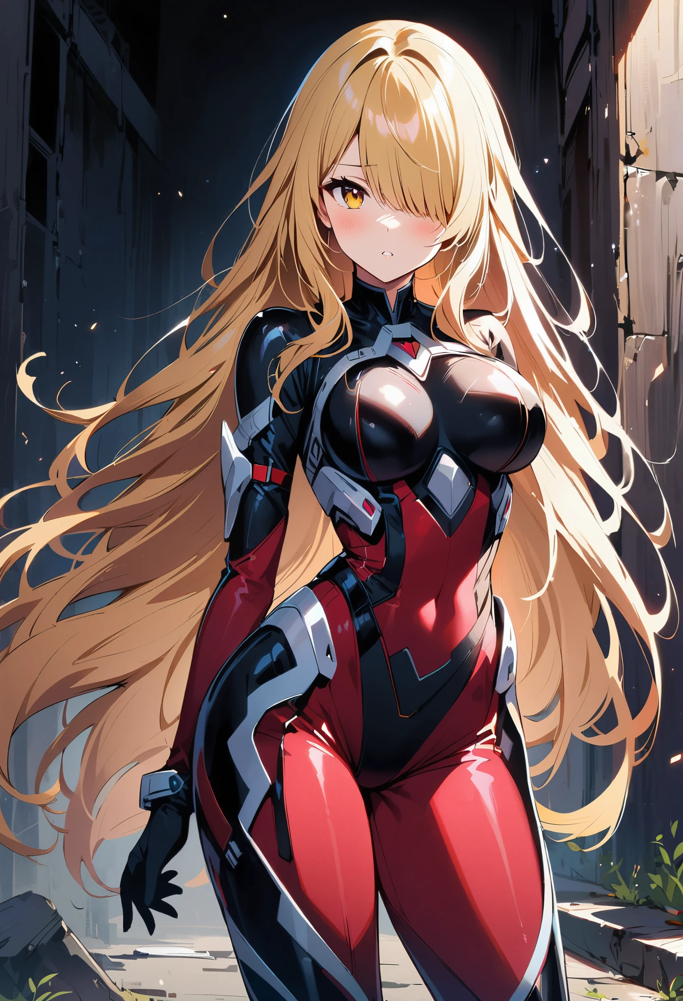 1 girl, alone, blonde hair, long hair, yellow eyes, hair covering one eye, looking at the audience, very long hair, bodysuit, Keep your mouth shut, blush, breast
