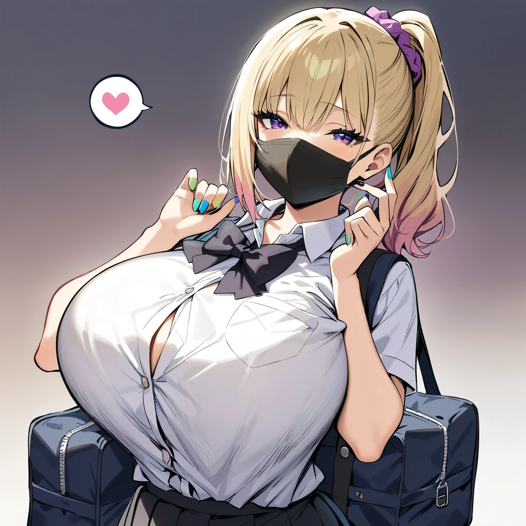 (masterpiece, best quality:1.2), JK,huge tit,1girl,aqua nails,bag,black bowtie,black nails,blonde hair,blue nails,breasts,gradient,gradient background,green nails,hair scrunchie,heart,mask,mouth mask,multicolored nails,nail polish,pink nails,purple nails,school bag,school uniform,scrunchie,skirt,solo,spoken heart,surgical mask