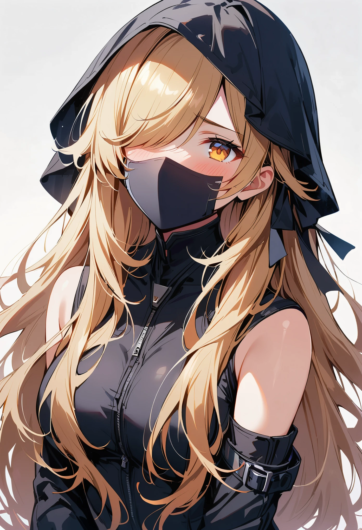 1 girl, alone, blonde hair, long hair, yellow eyes, hair covering one eye, looking at the audience, very long hair, bodysuit, Keep your mouth shut, blush, breast
