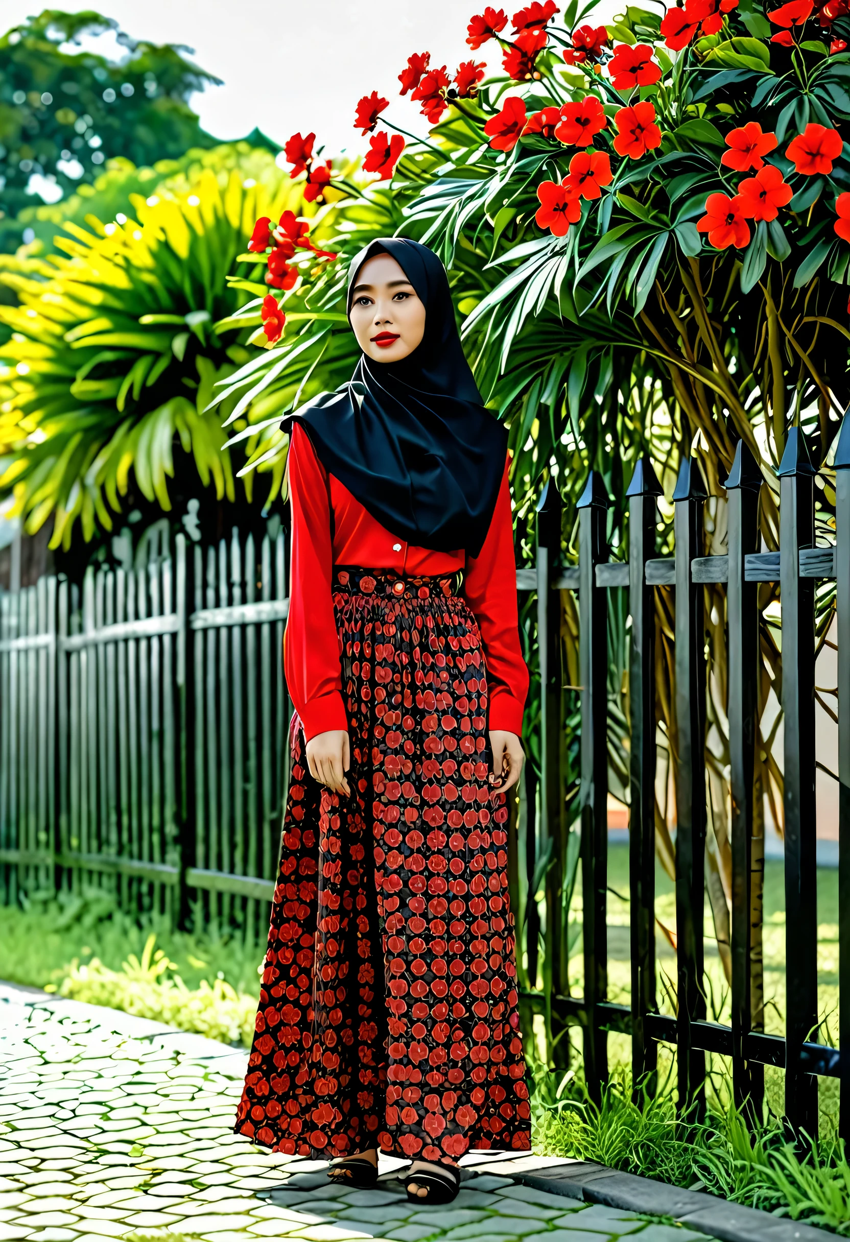 photography, masterpiece high quality, 8k, soft focus, 18 year old girl asian, realistis, wearing a plain black hijab, red long-sleeved button-up shirt with flower pattern batik motif indonesian, long flared skirt hanging down to the ground, standing in front of the house fence, posing beautifully, beside her there is a man in a short t-shirt and boxer shorts