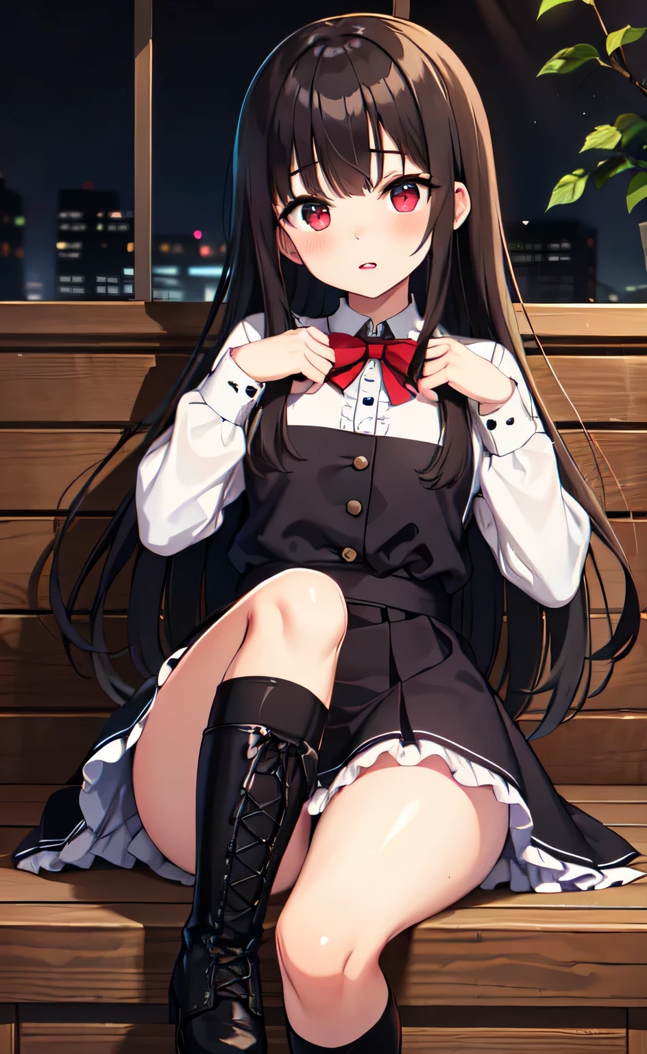 (best quality,high resolution,Beautiful detailed eyes,White lighting:1.2),red eyes, looking at viewer, long hair, black hair, long boots, black footwear, blush, sitting, long sleeves, bangs, parted lips, black hair, dress, knees up, brown hair, white skirt, frills, skirt,thighs, sidelocks, very , uncensored, 