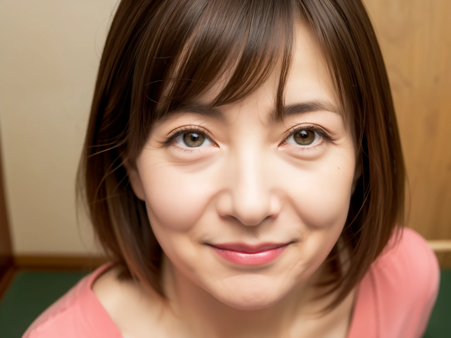 myself　woman　60 years old　Angle seen from below　The whole head fits in the image　bob hair　brown hair　beautiful hair shiny hair　have bangs　まとまりのあるbob hair　Look at me　Eyes meet　put your hair over your ears　Japan( sharpen ), (Pueros face_v1:0.7), (8K, highest quality), unconscious, open eyes, big perfect hands, High resolution, original, (flat color:0.9),(masterpiece:1,2), highest quality, masterpiece, High resolution, original,Japanの家, Viewer&#39;s perspective, alone, Portrait, Mature Woman Body Set, slight smile, While looking at this, Japanese room background,natural wrinkles, wrinkles around the eyes, surreal, natural skin, natural hair color, bright red lips