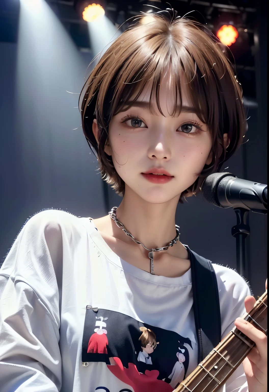 ((highest quality))、(masterpiece:1.4)、Raw photo、8K、((best image quality))、 ((High resolution))、Beautiful face in every detail、realistic human skin、gentle expression、(one woman:1.3 )、realistic、Photoreal、(very short hair:1.4)、(play the bass guitar:1.3)、(on stage:1.3)、((perform at a live concert))、(chain collar:1.35)、Wristband、bracelet、((young woman admires her))、(live music)、(concert)、she has many fans、rock band、(Beautiful woman)、(cute japanese girl)、(boyish:1.3)、(mannish)、((Beautiful woman))、(beautiful hair)、((dark brown hair))、(((red cheeks)))、(Big eyes:1.3)、20 year old beauty、(her face is small:1.5 )、small head、((long neck))、white skin、spotless skin、With bangs、everyone admires、日本のBeautiful woman、((8 heads tall))、(music festival:1.4)、singer、(concert t-shirt)、smile、(oversized clothes:1.3)、happy look、(young people admire her:1.4)