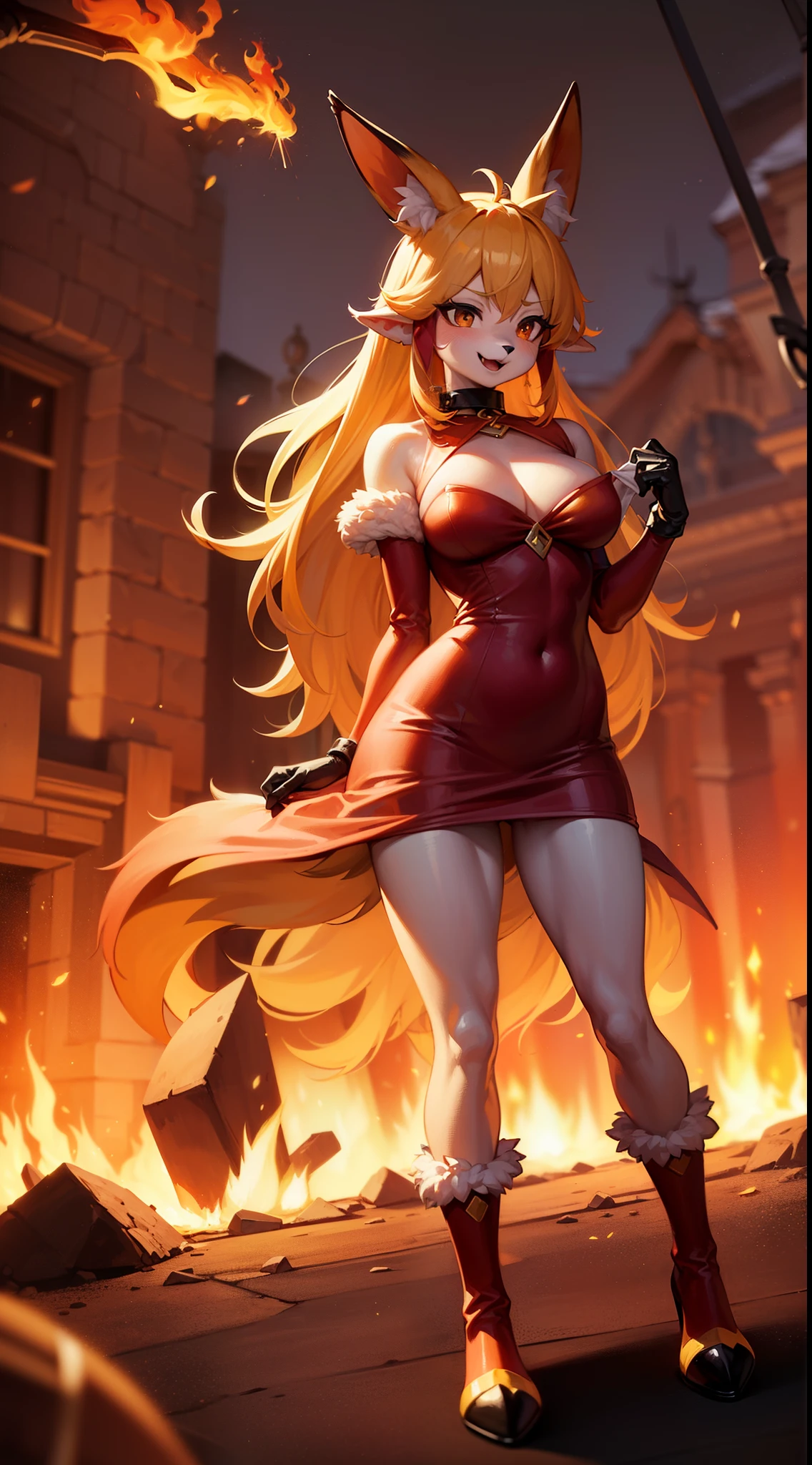 masterpiece, best quality, HD, ultra-detailed, 1girl, vivid colors, Pokémon Flareon, Red Eevee, Flame pokemon, Fire pokemon, (furry:1.5), humanoid, humanization, anthropomorphic, on 2 legs, beautiful detailed (black eyes), big (black eyes), Fire and flames environment, fire palette, fluffy flaming ((yellow tail)) and (red colored ears), ((black inside ears)), (fluffy (deep red) flame fire red colored skin and fur), detailed (flame yellow) hair color, beautiful ((fashionable hairstyle, tuft hairstyle, standing hairstyle, curled hair)), ((detailed red colored long fluffy dress)), , oppai, , ((yellow cloth neckband decoration)), sparks and flames fly from it in all directions, Action strong Pose