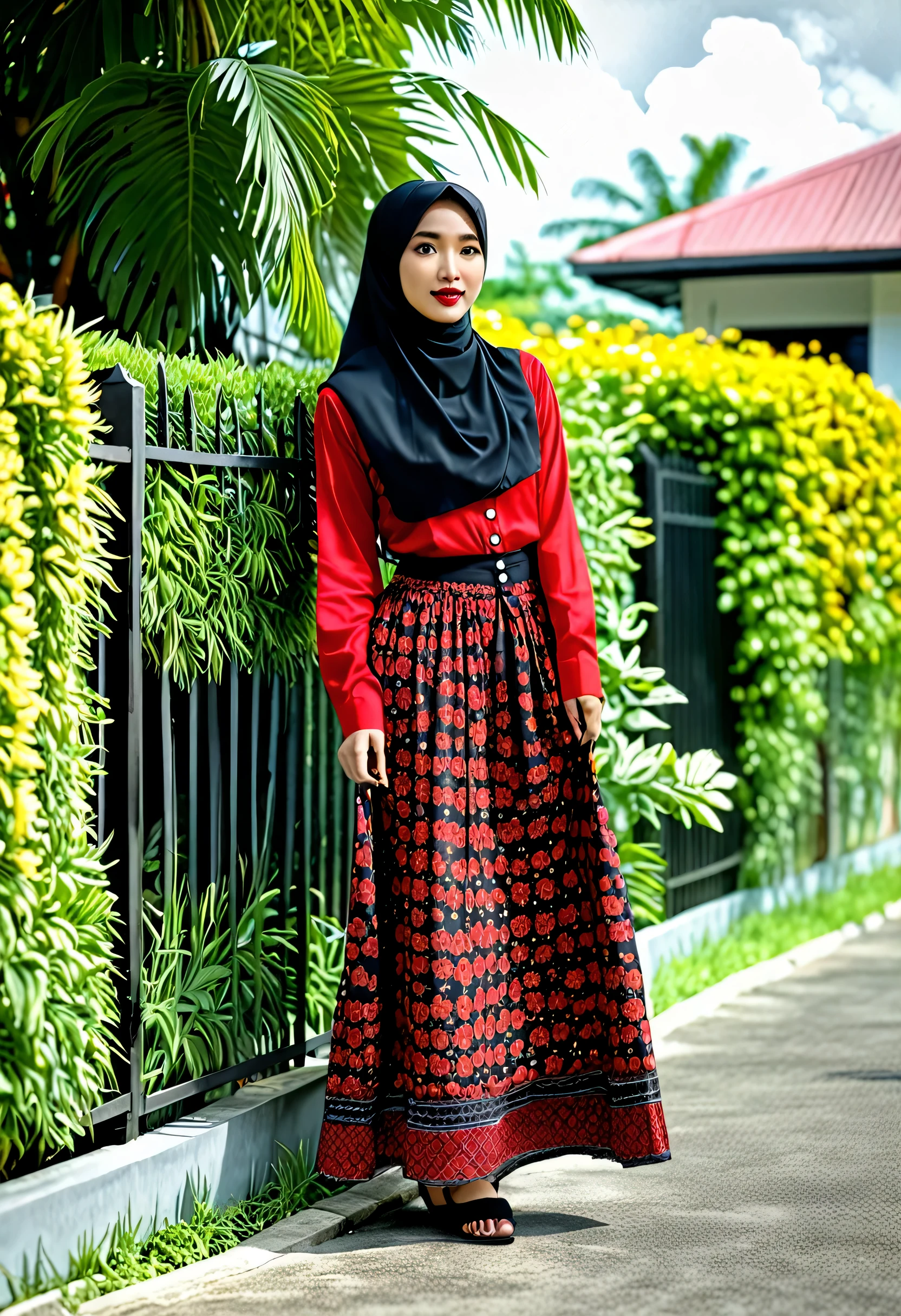 photography, masterpiece high quality, 8k, soft focus, 18 year old girl asian, realistis, wearing a plain black hijab, red long-sleeved button-up shirt with flower pattern batik motif indonesian, long flared skirt hanging down to the ground, standing in front of the house fence, posing beautifully, beside her there is a man in a short t-shirt and boxer shorts