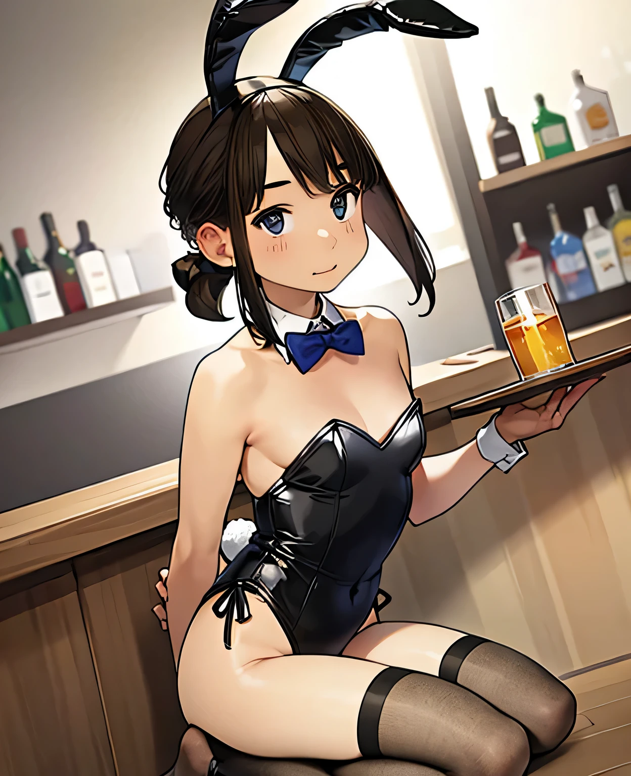 (top-quality、in 8K、32K、masterpiece、nfsw、highly detailed、Impresionismo、Photorealsitic:1.2)、Full body, (a bar counter、shop front:1.4)、cara simetrica y hermosa, deep-shadow, beauitful face、blurry backround、20-year-old, beauty、shinny skin, Beautiful wavy golden hair、 poneyTail、Blue eyes, Beauitful face、blurry backround、 Bunny Girl、out High-cut leotards、((Muy delgado leotardo se ve el cuerpo atraves de el)), a bow tie、White cuffs、Thighs wrapped in fishnet stockinglack rabbit ears、Have a tray of liquor、sit on the table、Shy smile、Curve, uncensored, nsfw, very hot, random angle view