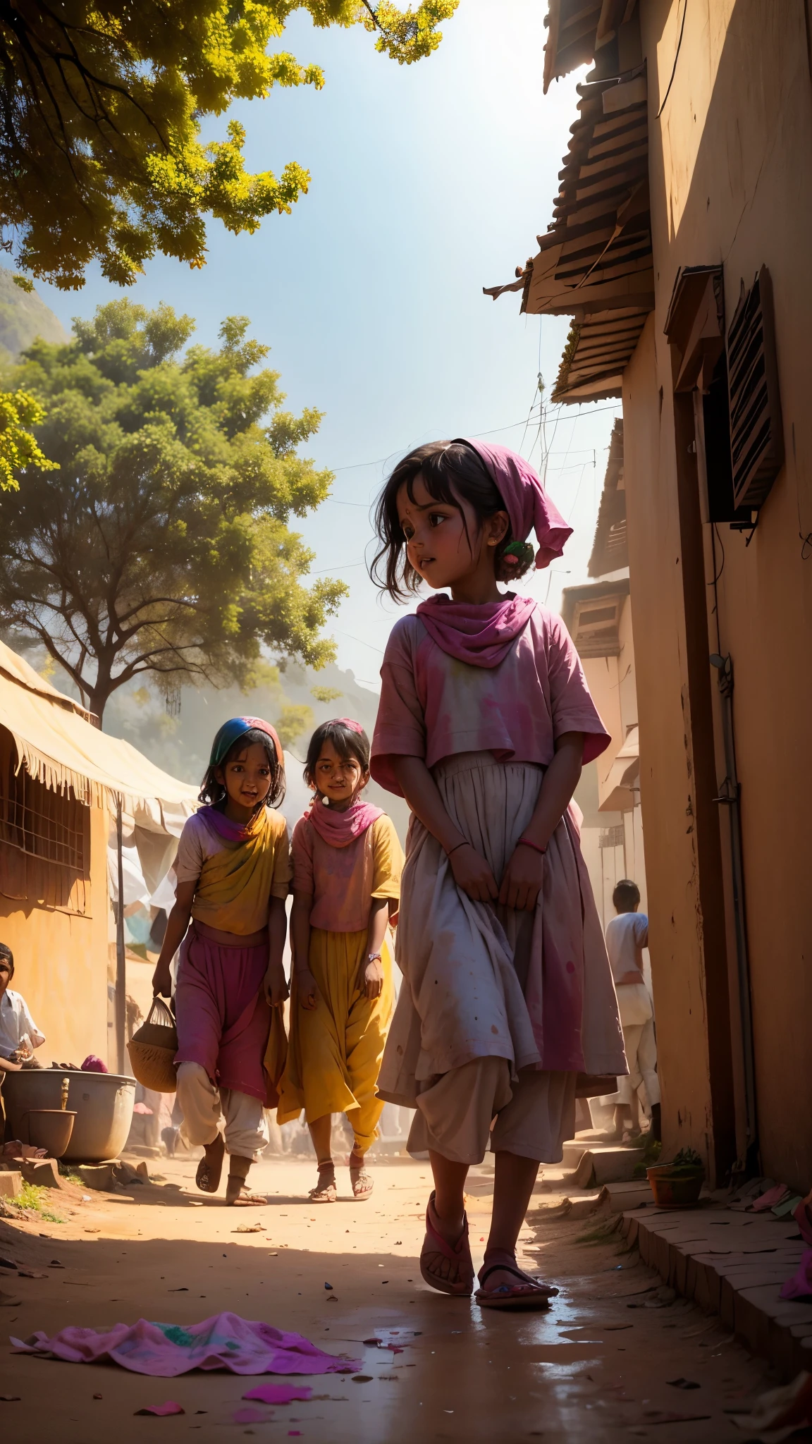 girls and boys playing Holi, beautiful colors, bright sunny day, sunrise, Indian streets, small kids, adults playing colors, Indian traditionally cloths, trees, mountain