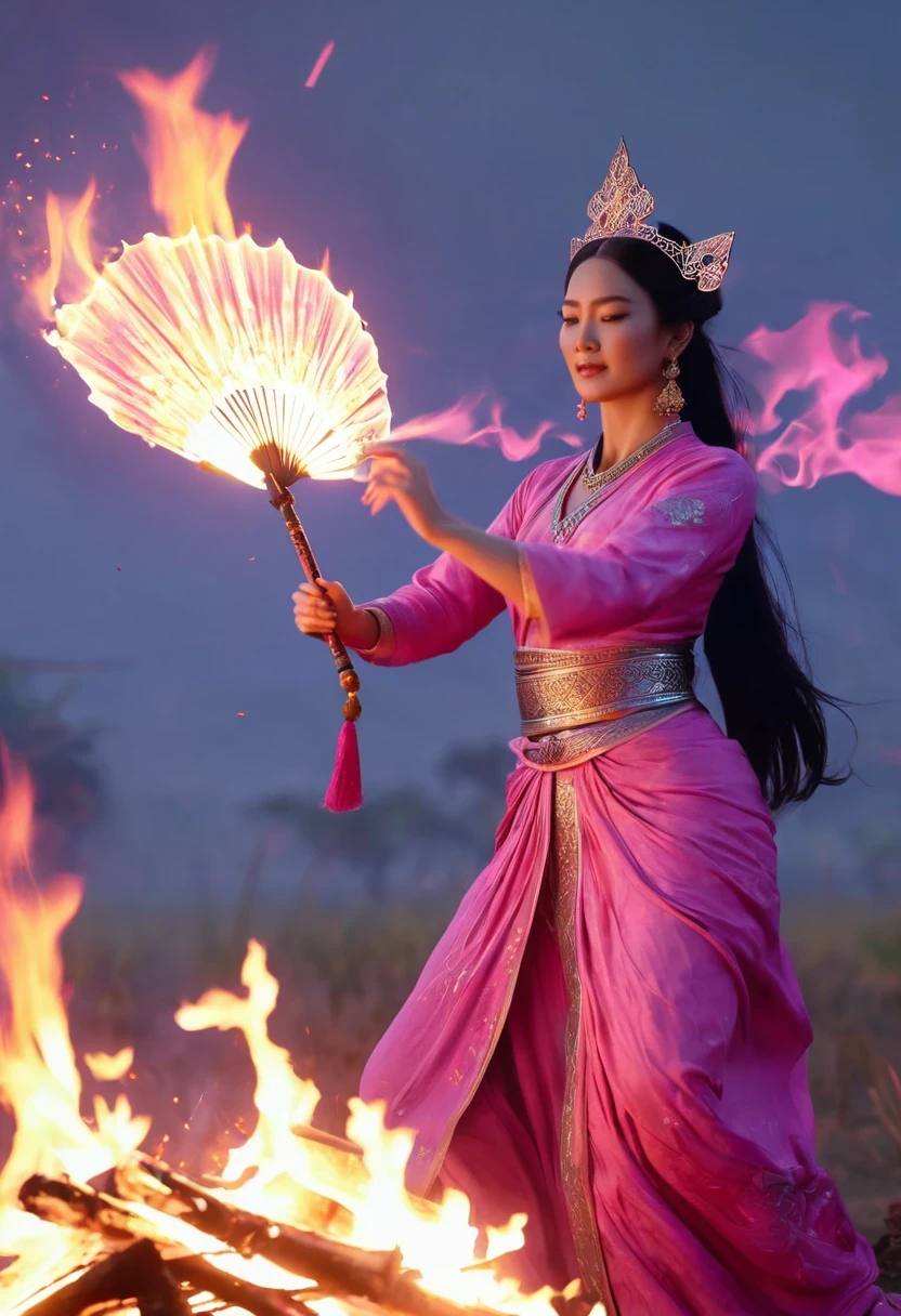 High Frequency: 1.8, Rich Detail, Masterpiece, 8K, Beautiful Priestess in Pink Shirt Standing in front of Fire, Dancing, Hands Waving Fan, Fan on Fire, Flames Surround Priestessess, Burning Battlefield Background,