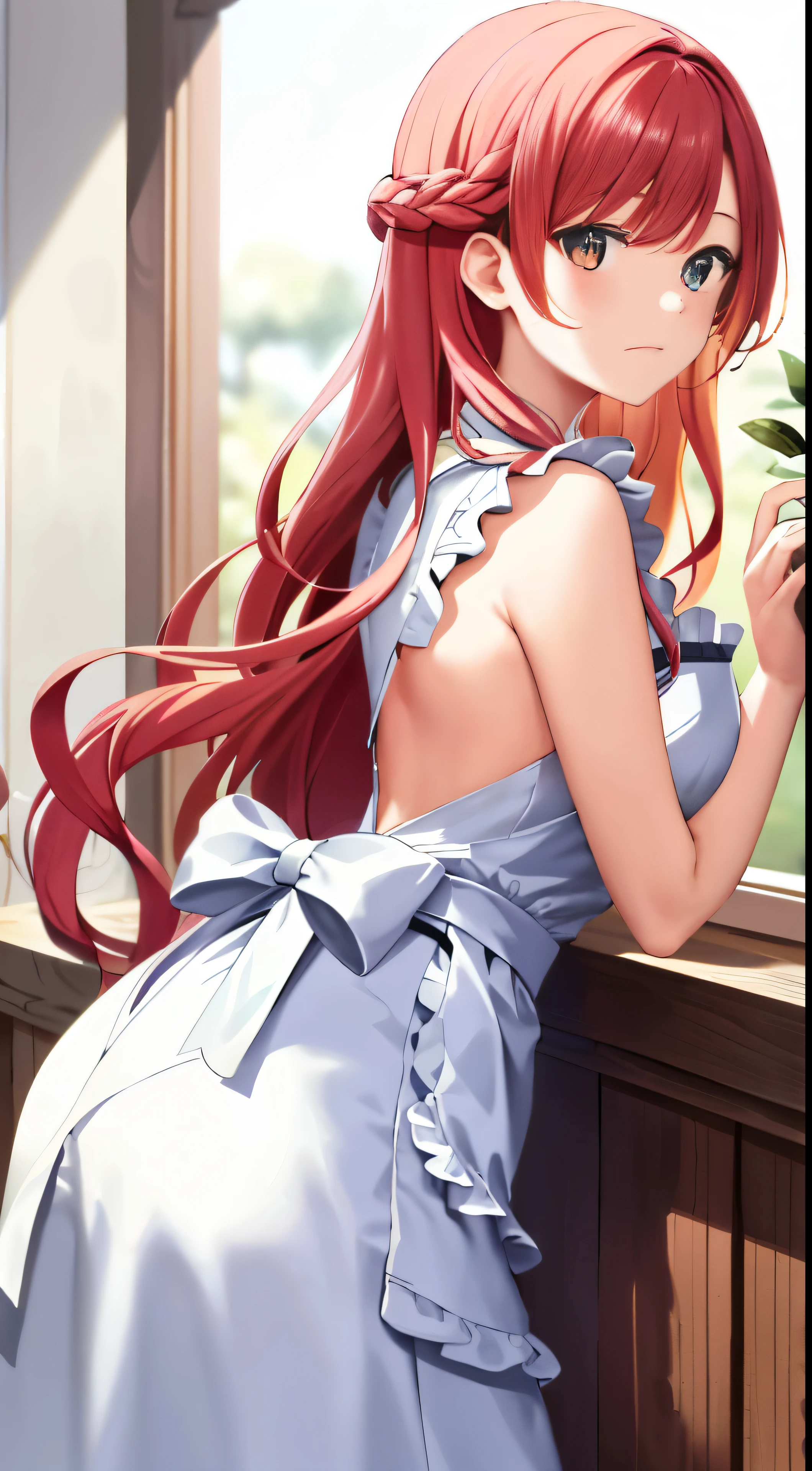 Hair color is orange、Round eyes、masterpiece、illustratio、8k、top-quality、(box tie)、bound breast、独奏、Leg ties、(Arm down)、(arms back)、1 girl in、(shackle)、(bdsm)、( Deep Skin)、((suspension))、down、ropes、arms bound、kitchin、(Slouched:1.1)、BDSM、Bind、bow ribbon、Long、Hair Ribbon、perspiring、Opening Mouth、(orgasm)、 (dynamic ungle)、Naked apron、(White Apron)