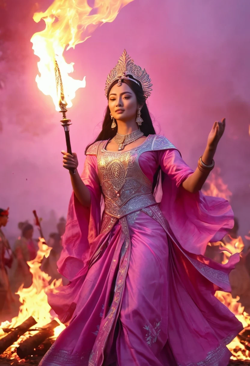 High Frequency: 1.8, Rich Detail, Masterpiece, 8K, Beautiful Priestess in Pink Shirt Standing in front of Fire, Dancing, Hands Waving Fan, Fan on Fire, Flames Surround Priestessess, Burning Battlefield Background,  