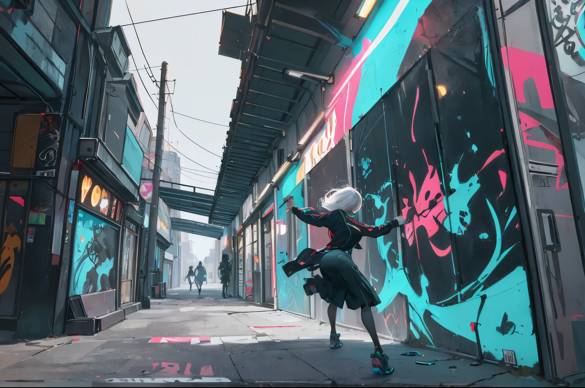 A bustling city alley with graffiti-covered walls and large windows. (best quality, vibrant colors), urban scenery, street art, detailed character interactions, dynamic perspectives, lively atmosphere, realistic lighting, bokeh, high-resolution textures, photorealistic rendering, gritty urban aesthetics, cinematic style, raw and expressive brushwork, contrasting color palette, graffiti artists, passersby, pedestrians, bicycles, vibrant murals, bold and vibrant colors, intricate details, diverse street culture, atmospheric shadows, dramatic lighting effects, bustling energy, authentic street vibes, lively expressions, fashion-forward outfits, modern architecture, architectural elements, window reflections, urban decay, gritty textures, vibrant street signs, tags and stickers, hidden alleys, concrete textures, texture-rich backgrounds, urban exploration, vibrant and lively environments, creative expressions, dynamic poses, energetic movements.