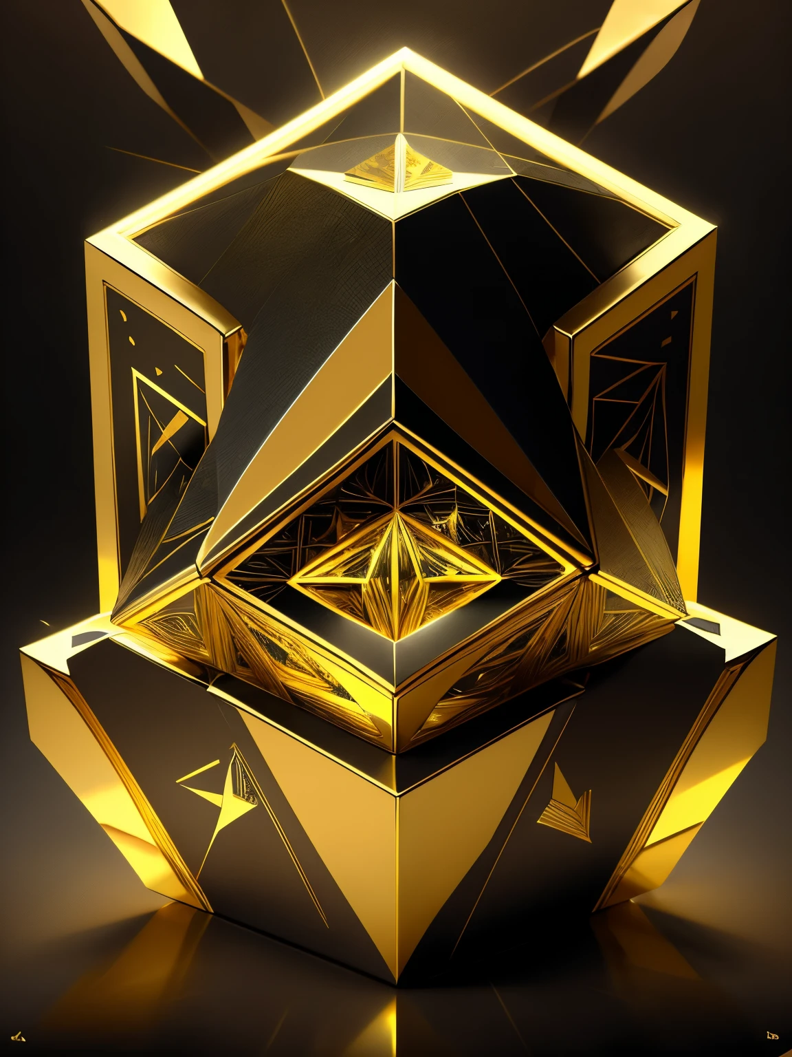 Create a captivating 3D logo with gold, black, and silver carbon colors. The design is shaped like a prismatic Kalajengking cube. Inside, there is a man's face with the inscription "Bong Ady" written elegantly. The detailed and refined design exudes an 8k quality image.