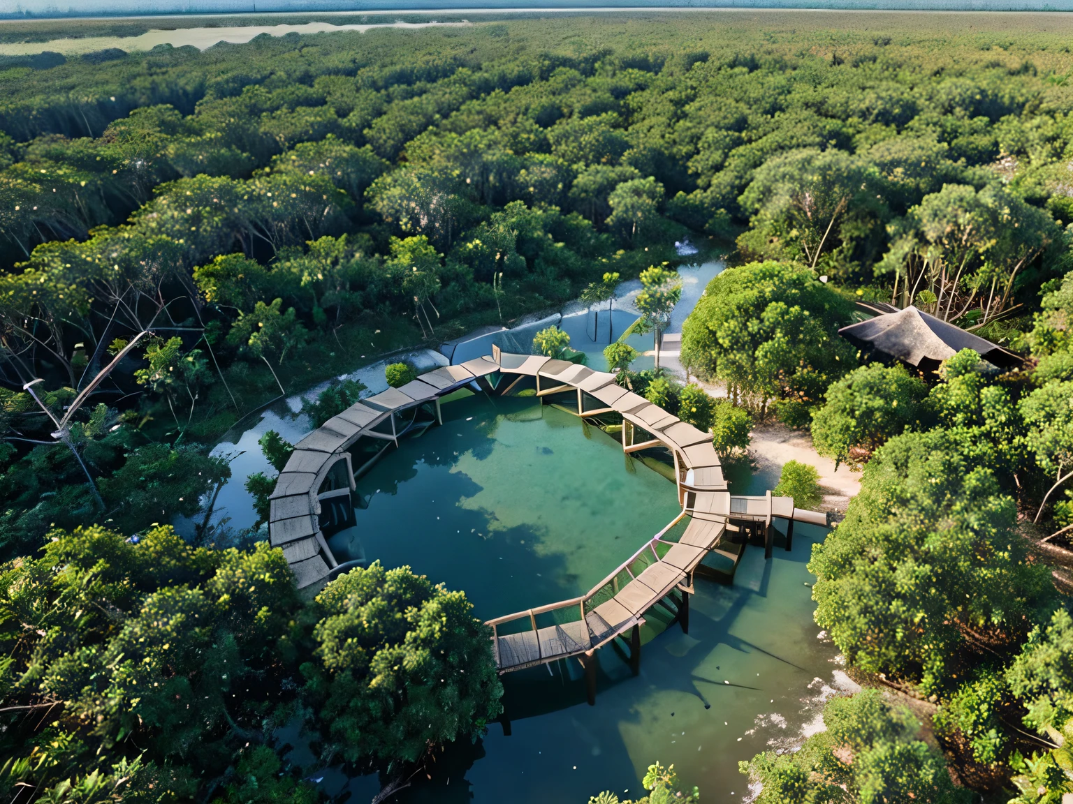 A mangrove forest conservation and resort, landscape, Can Gio forest, 30 hechta, bird's-eye view, forest conservation, Square shape, lot of tree