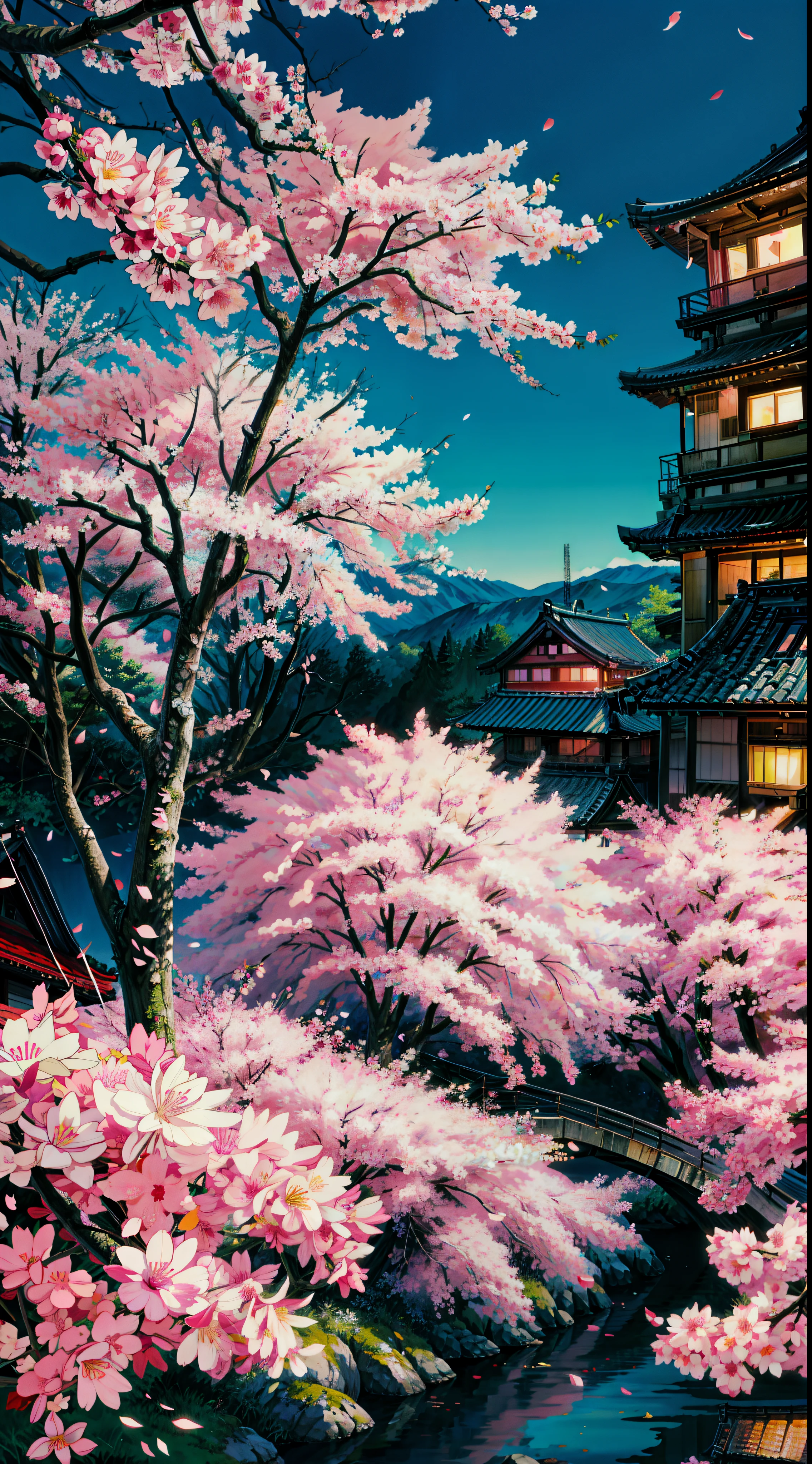 Painting of a tree with pink flowers in front of a building, sakura blooming on background, cherry blossom falling, sakura season, sakura tree in background, spring season city, japan at night, tokyo background, ( colorful ), by Sōami, by Torii Kiyomitsu, by Torii Kiyomoto, in tokyo at night, by Ike no Taiga, 4k hd,, beautiful art uhd 4 k, a beautiful artwork illustration, beautiful digital painting, highly detailed digital painting, beautiful digital artwork, detailed painting 4 k, very detailed digital painting, rich picturesque colors, gorgeous digital painting