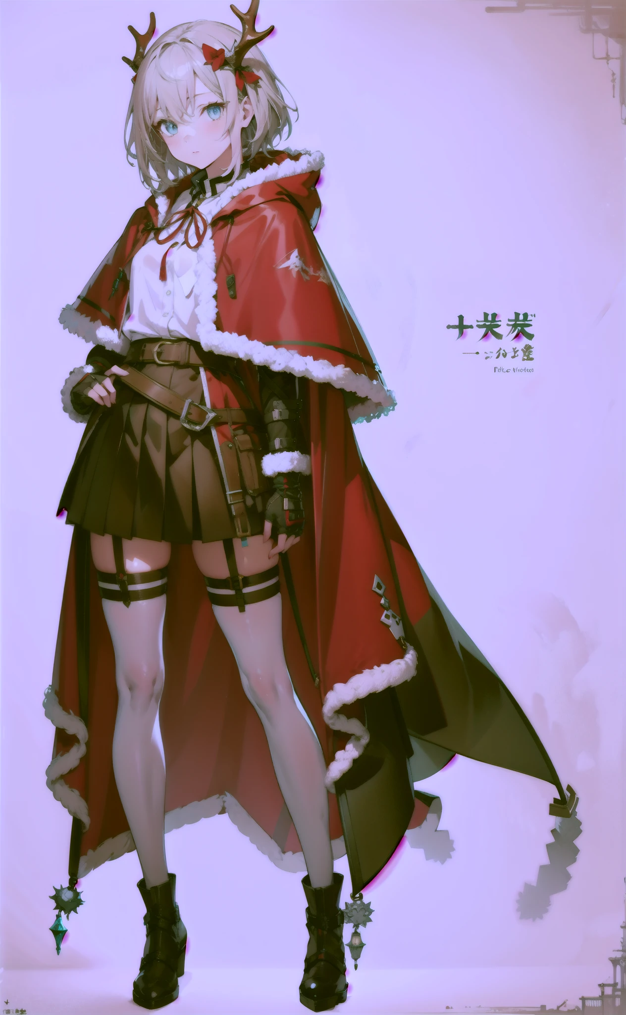 white background, anime style, top-quality, character design, concept art, 1girl, mature, fluffy short beige hair, ice blue eyes, fantasy medieval, adventurer gear, lantern on hip, fullbody, white blouse, simple red cloak, red riding hood, skirt, white thigh highs, antlers, (genshin character:0.7), boyish features