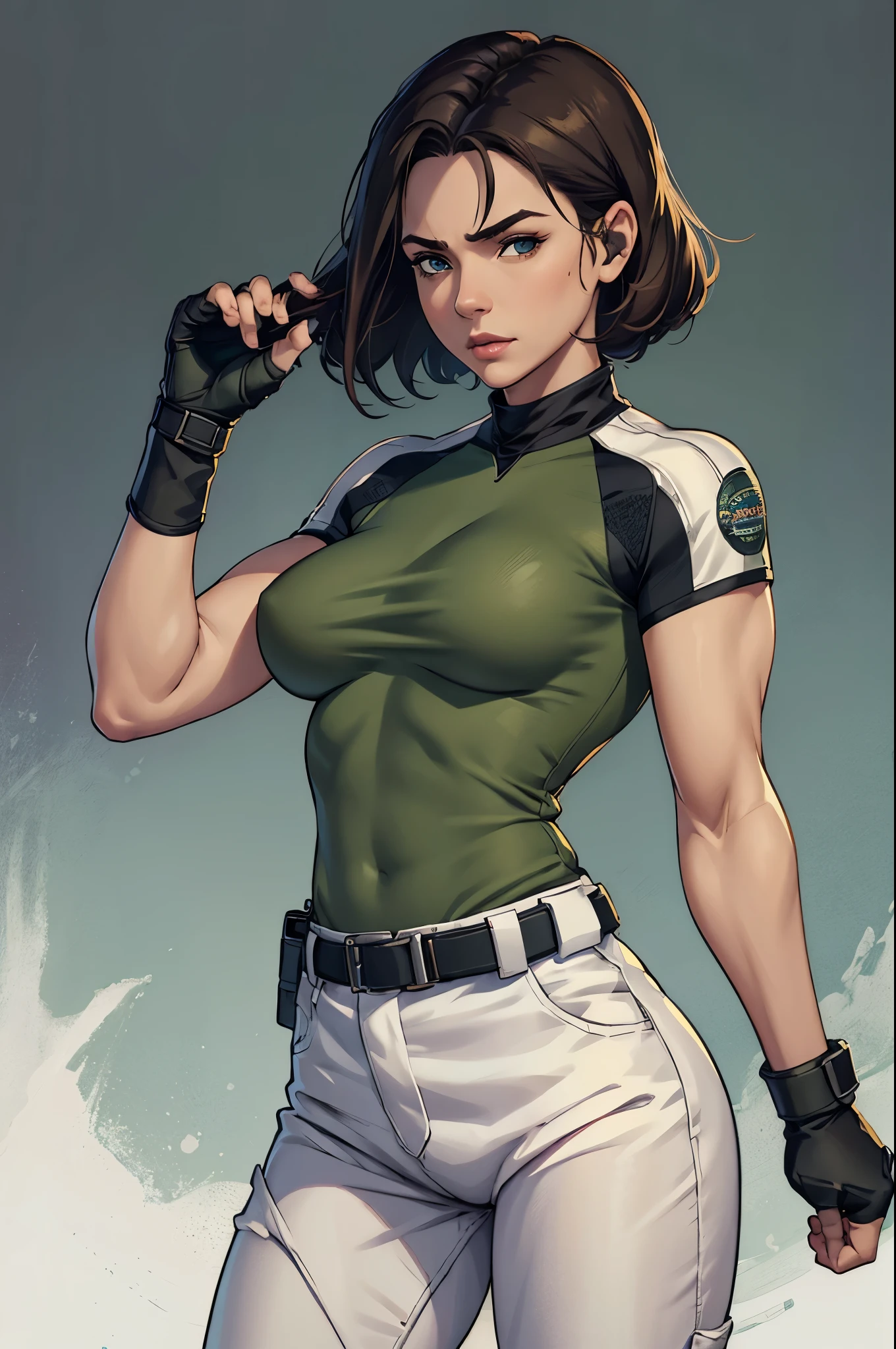 masterpiece, best quality:1.2), expressive eyes, perfect face, highres, 1 girl, solo, (female:1.5), chris redfield, green taut shirt, white pants, fingerless gloves, belt, hand to hip, standing, portrait, looking at the viewer,